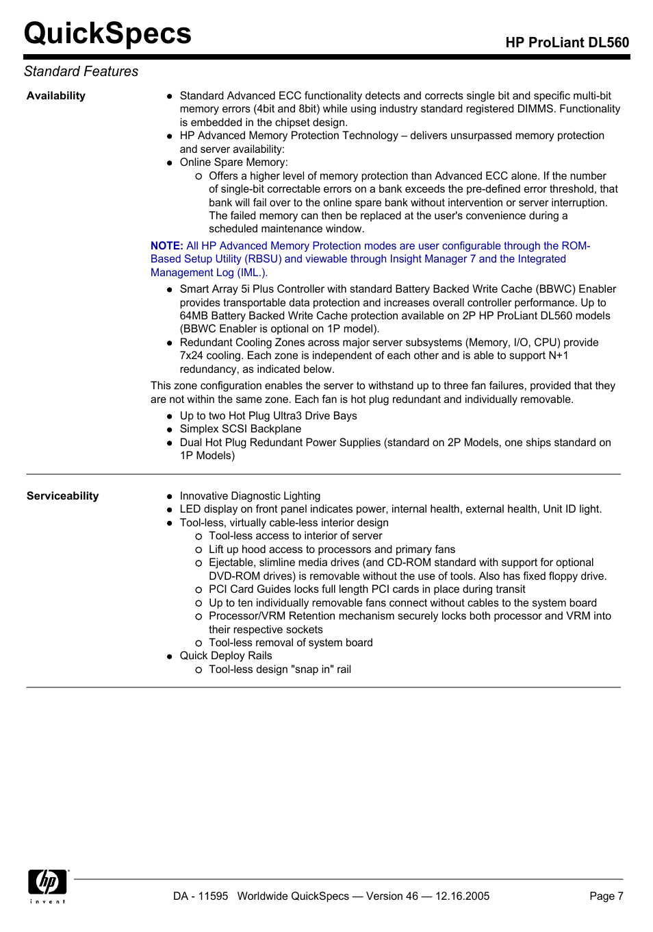 Quickspecs | HP DL560 User Manual | Page 7 / 35