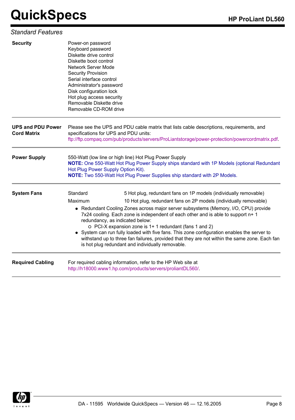 Quickspecs, Hp proliant dl560 standard features | HP DL560 User Manual | Page 8 / 35