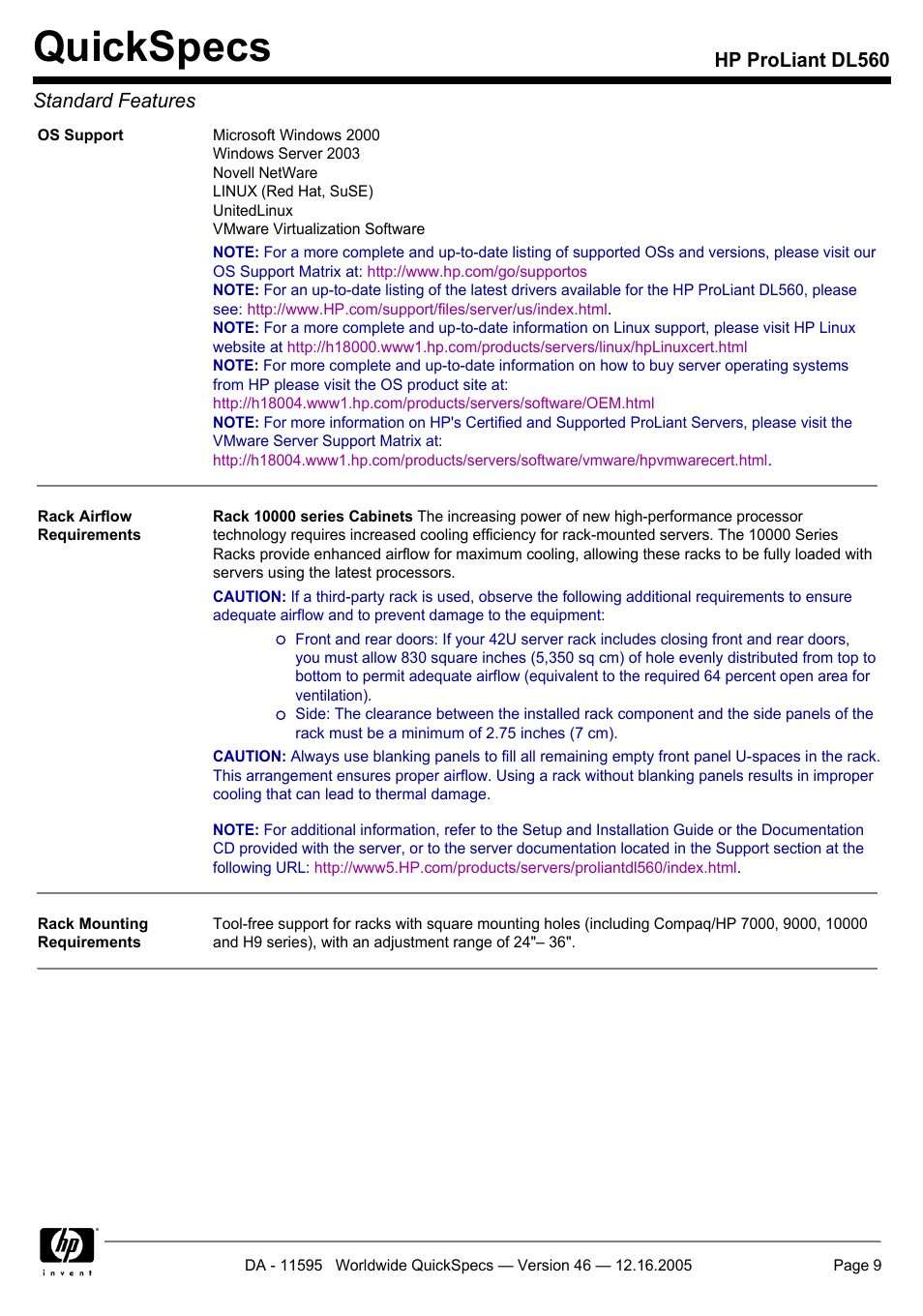 Quickspecs, Hp proliant dl560 standard features | HP DL560 User Manual | Page 9 / 35