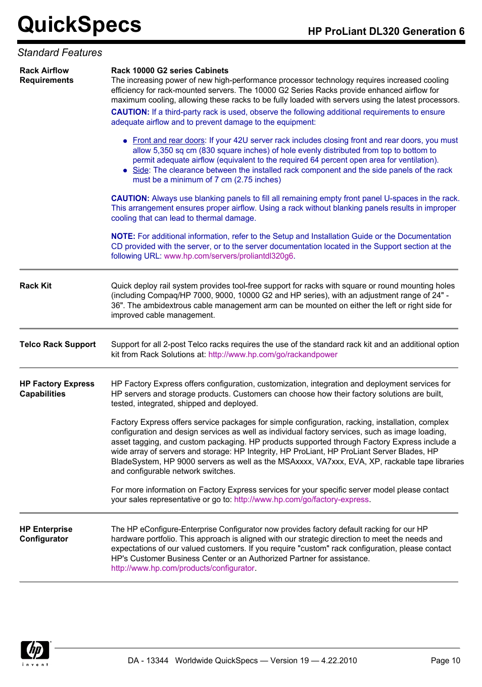 Quickspecs, Hp proliant dl320 generation 6 standard features | HP ProLiant G6 Server DL320 User Manual | Page 10 / 43