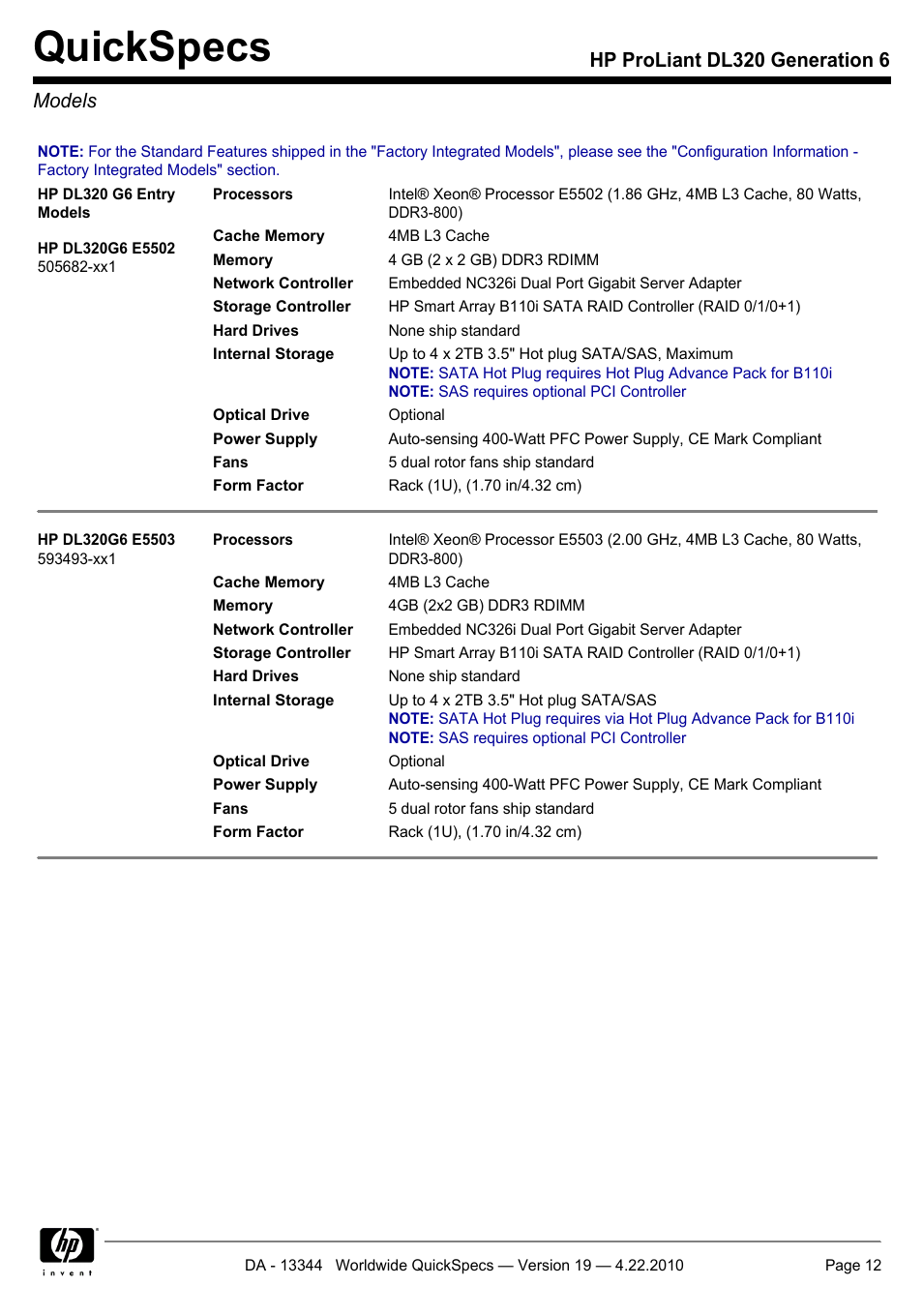 Models, Quickspecs, Hp proliant dl320 generation 6 models | HP ProLiant G6 Server DL320 User Manual | Page 12 / 43