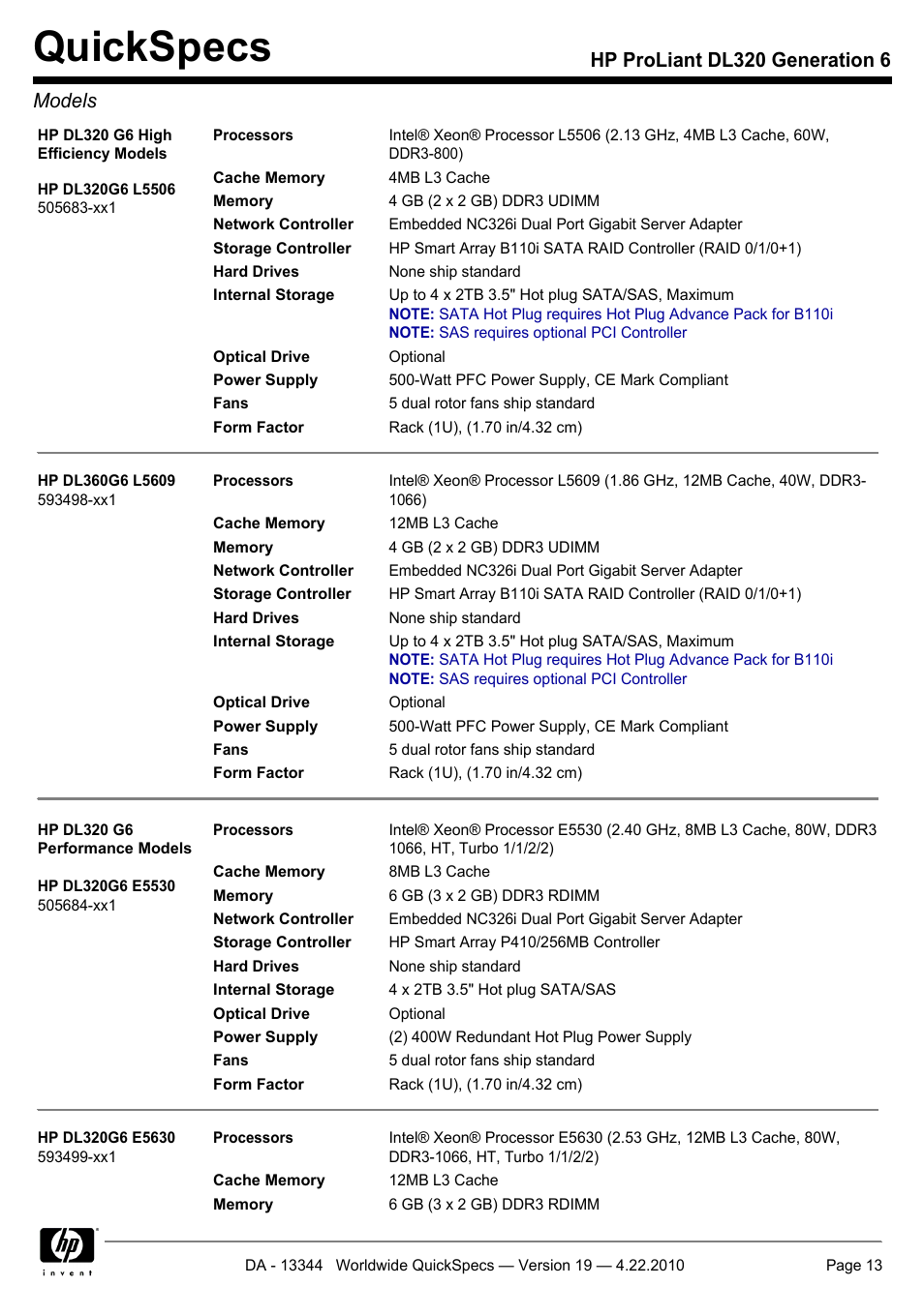 Quickspecs, Hp proliant dl320 generation 6 models | HP ProLiant G6 Server DL320 User Manual | Page 13 / 43