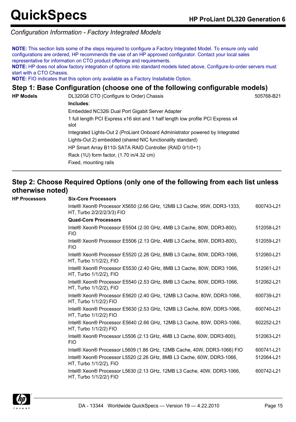 Quickspecs | HP ProLiant G6 Server DL320 User Manual | Page 15 / 43