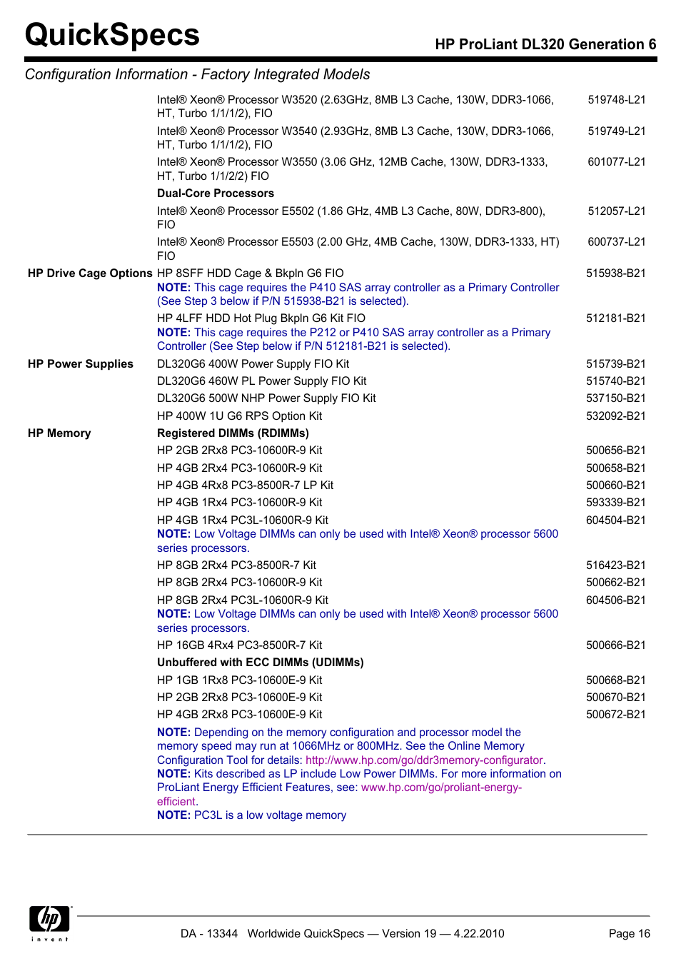 Quickspecs | HP ProLiant G6 Server DL320 User Manual | Page 16 / 43