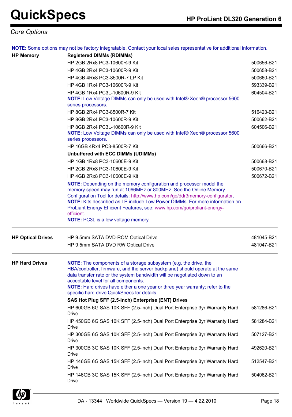 Core options, Quickspecs, Hp proliant dl320 generation 6 core options | HP ProLiant G6 Server DL320 User Manual | Page 18 / 43