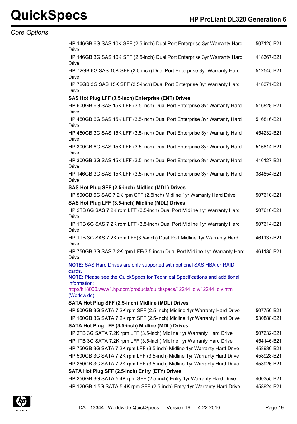 Quickspecs, Hp proliant dl320 generation 6 core options | HP ProLiant G6 Server DL320 User Manual | Page 19 / 43