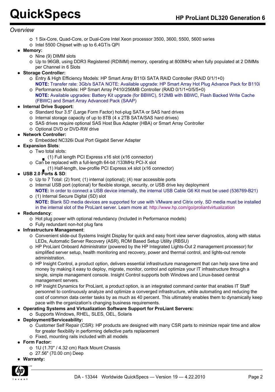 Quickspecs, Hp proliant dl320 generation 6 overview | HP ProLiant G6 Server DL320 User Manual | Page 2 / 43