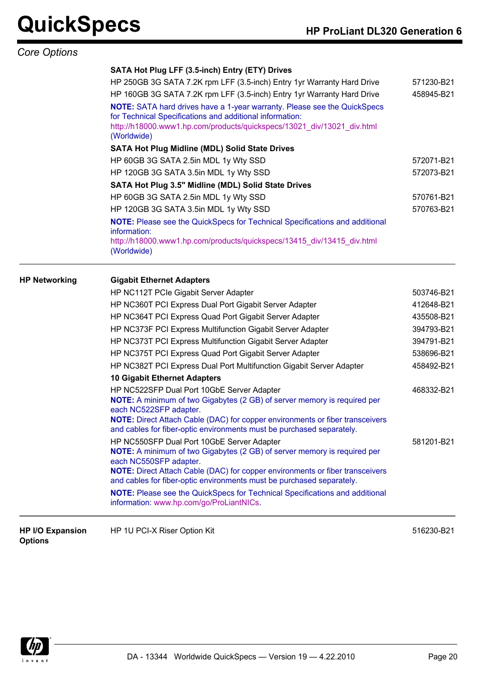 Quickspecs, Hp proliant dl320 generation 6 core options | HP ProLiant G6 Server DL320 User Manual | Page 20 / 43