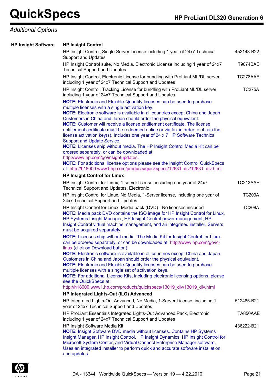 Additional options, Quickspecs, Hp proliant dl320 generation 6 additional options | HP ProLiant G6 Server DL320 User Manual | Page 21 / 43