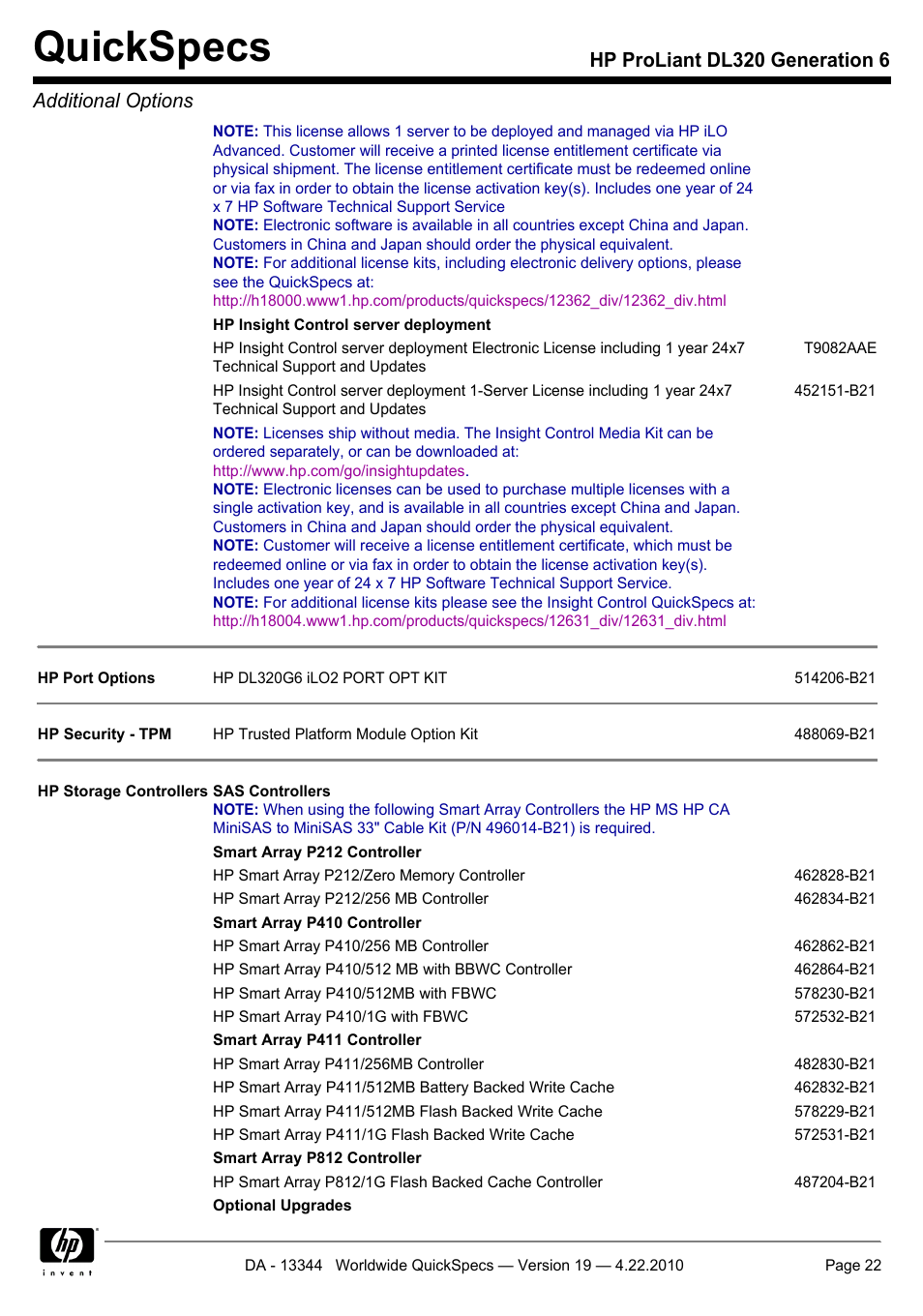 Quickspecs, Hp proliant dl320 generation 6 additional options | HP ProLiant G6 Server DL320 User Manual | Page 22 / 43