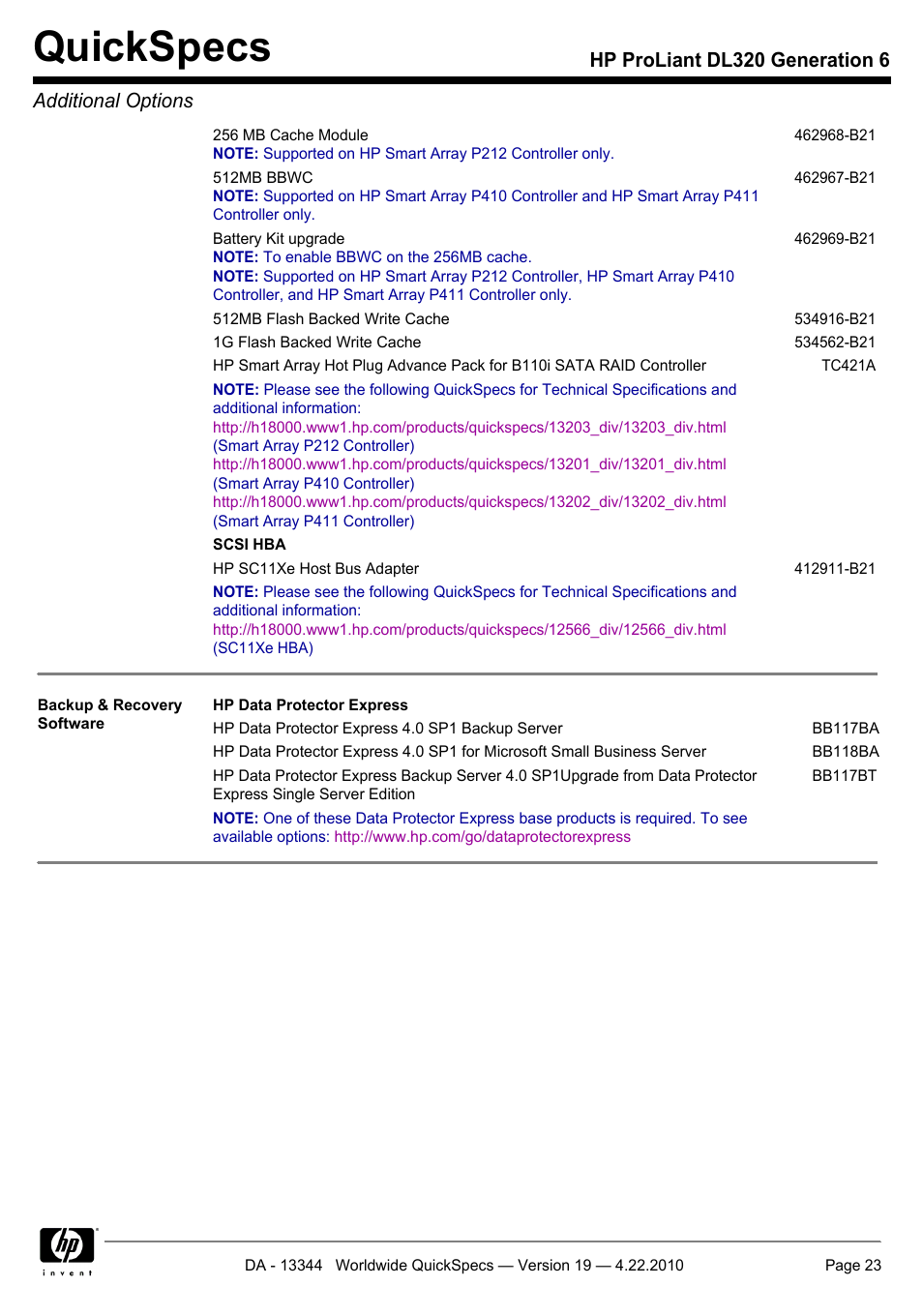 Quickspecs, Hp proliant dl320 generation 6 additional options | HP ProLiant G6 Server DL320 User Manual | Page 23 / 43