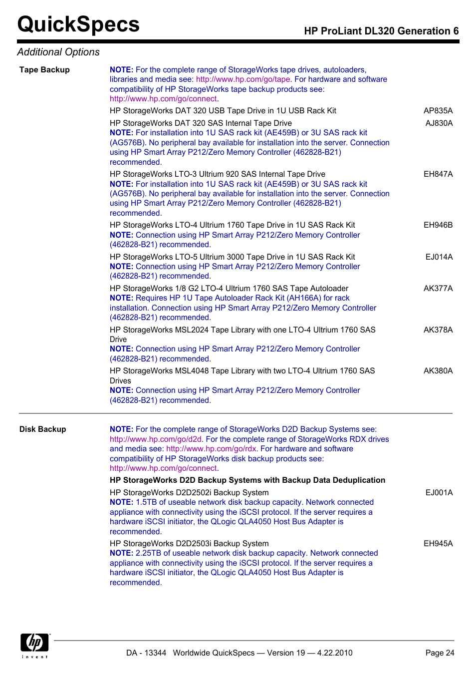 Quickspecs, Hp proliant dl320 generation 6 additional options | HP ProLiant G6 Server DL320 User Manual | Page 24 / 43