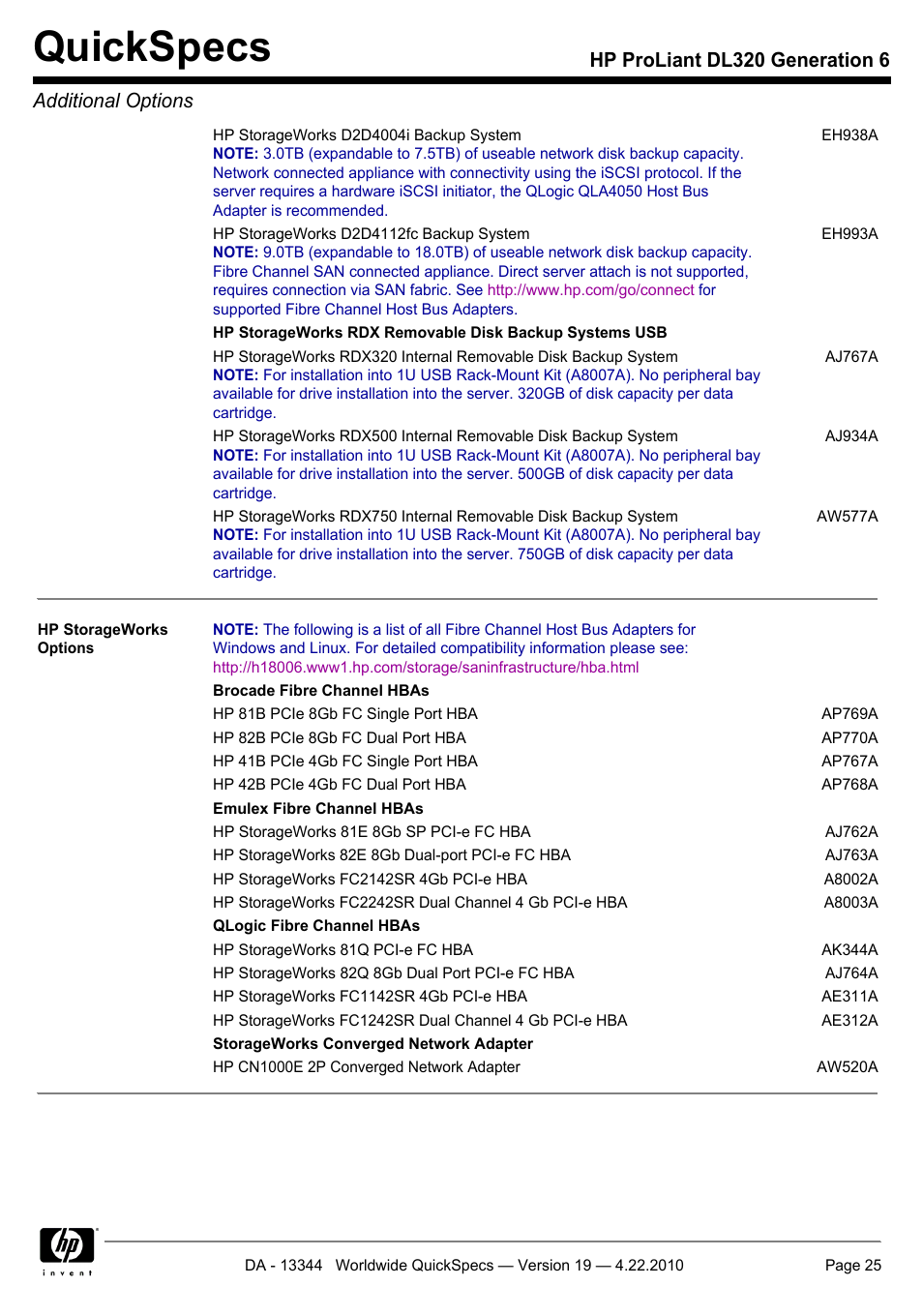Quickspecs, Hp proliant dl320 generation 6 additional options | HP ProLiant G6 Server DL320 User Manual | Page 25 / 43