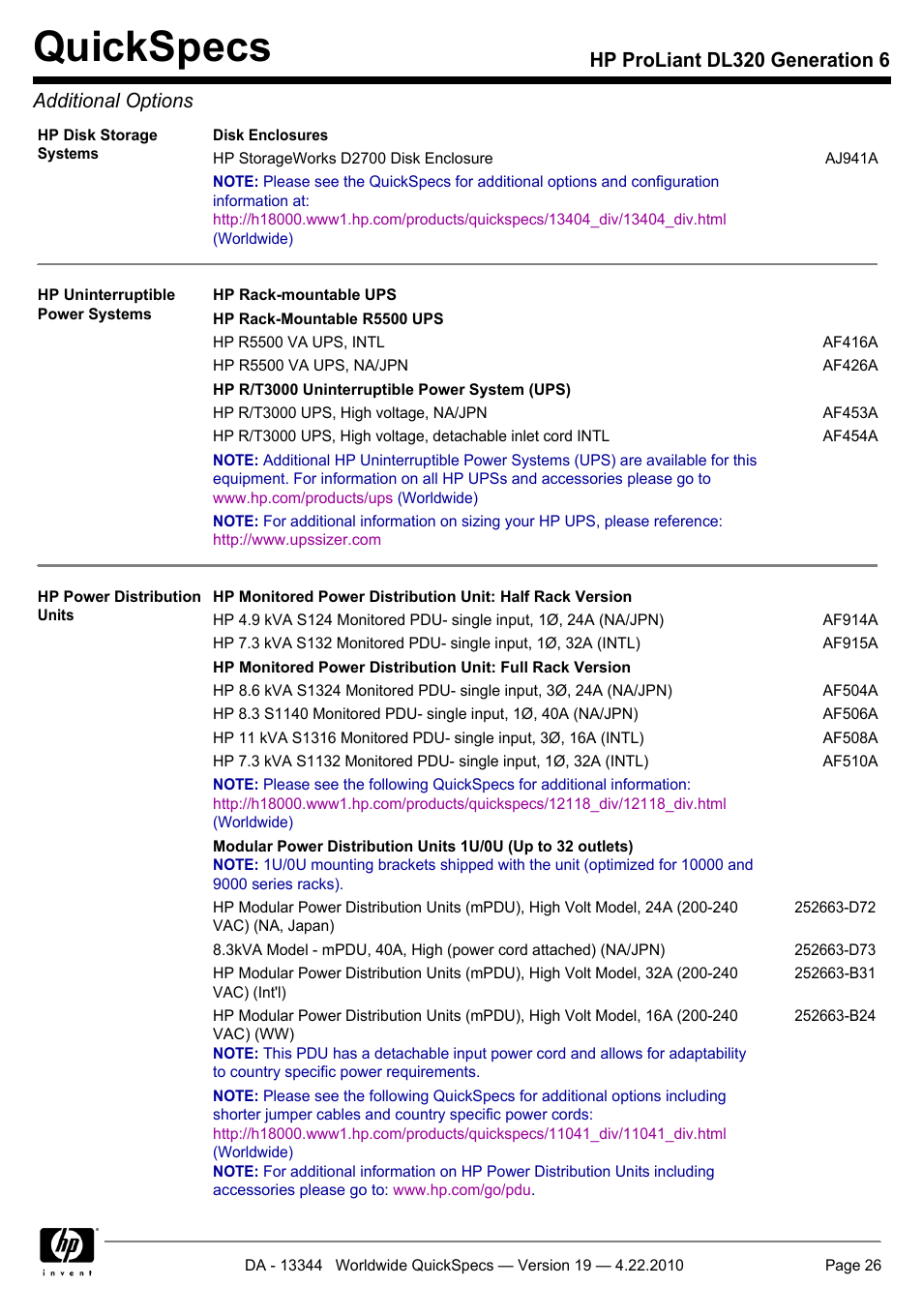 Quickspecs, Hp proliant dl320 generation 6 additional options | HP ProLiant G6 Server DL320 User Manual | Page 26 / 43