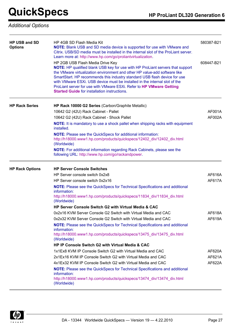 Quickspecs, Hp proliant dl320 generation 6 additional options | HP ProLiant G6 Server DL320 User Manual | Page 27 / 43