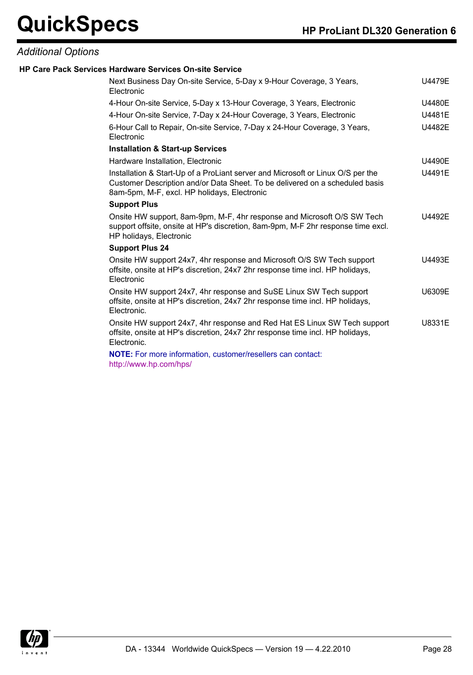 Quickspecs, Hp proliant dl320 generation 6 additional options | HP ProLiant G6 Server DL320 User Manual | Page 28 / 43