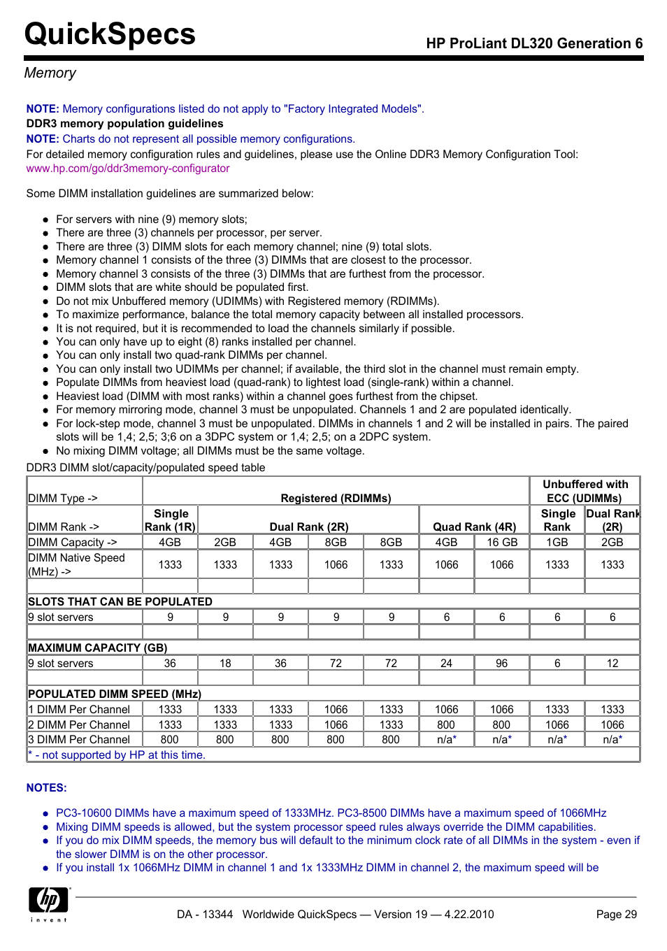 Memory, Quickspecs | HP ProLiant G6 Server DL320 User Manual | Page 29 / 43