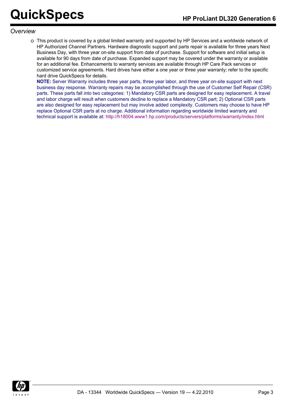 Quickspecs | HP ProLiant G6 Server DL320 User Manual | Page 3 / 43