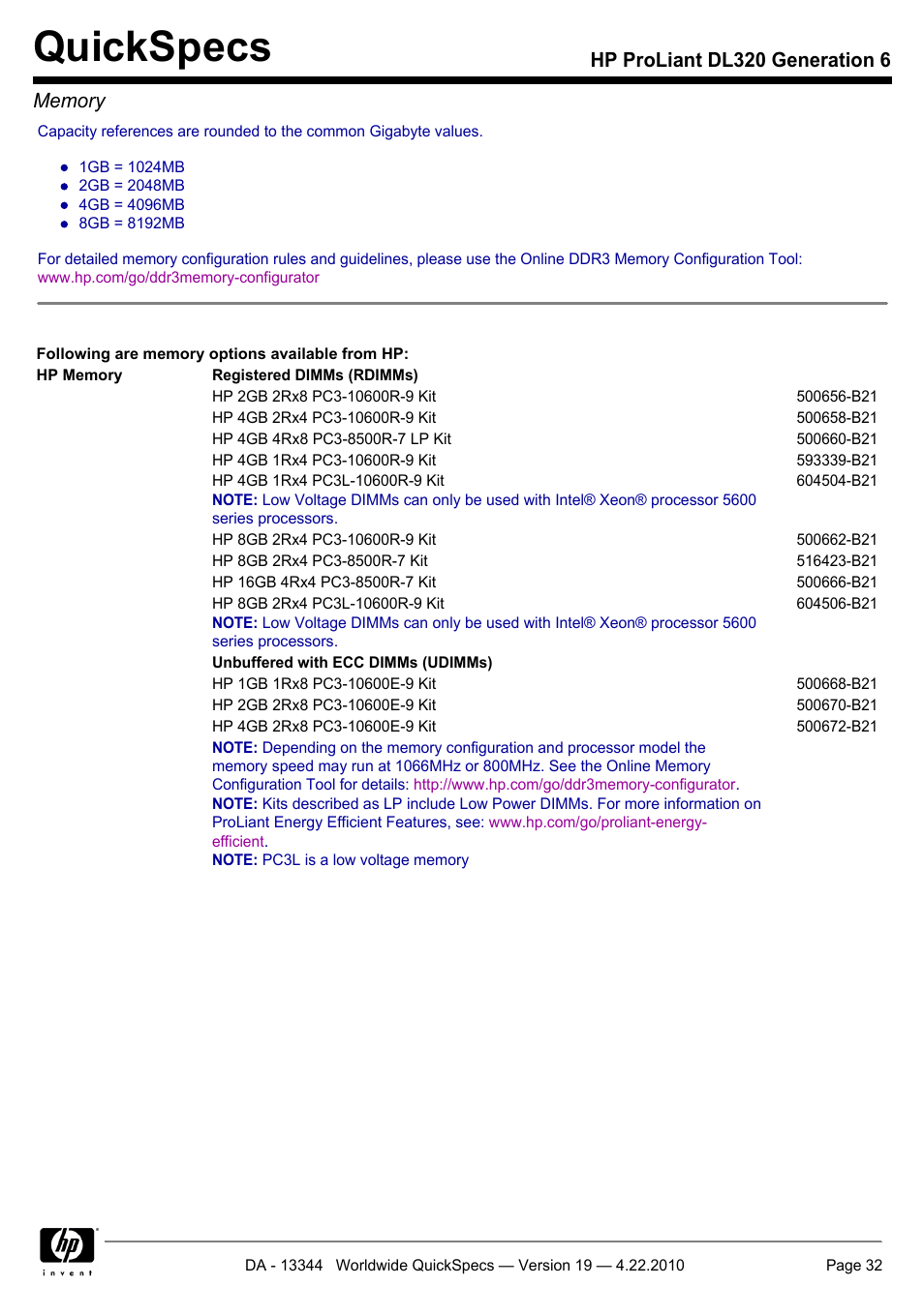Quickspecs | HP ProLiant G6 Server DL320 User Manual | Page 32 / 43