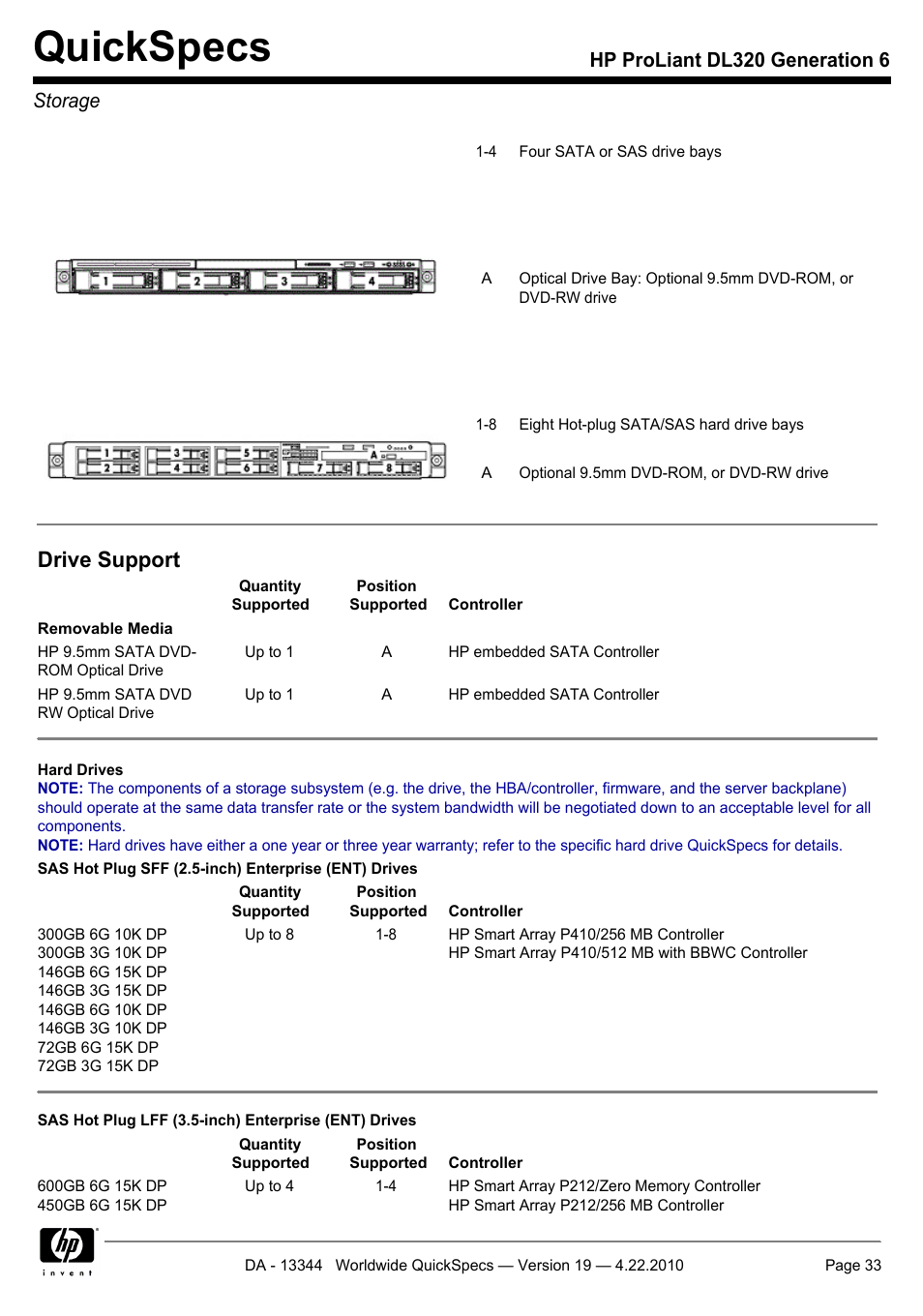 Storage, Quickspecs, Drive support | Hp proliant dl320 generation 6 storage | HP ProLiant G6 Server DL320 User Manual | Page 33 / 43