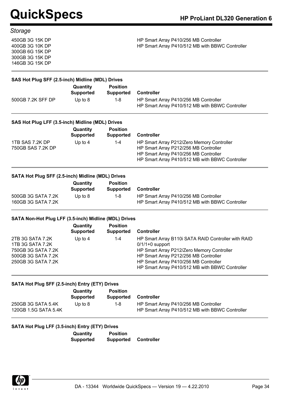 Quickspecs, Hp proliant dl320 generation 6 storage | HP ProLiant G6 Server DL320 User Manual | Page 34 / 43
