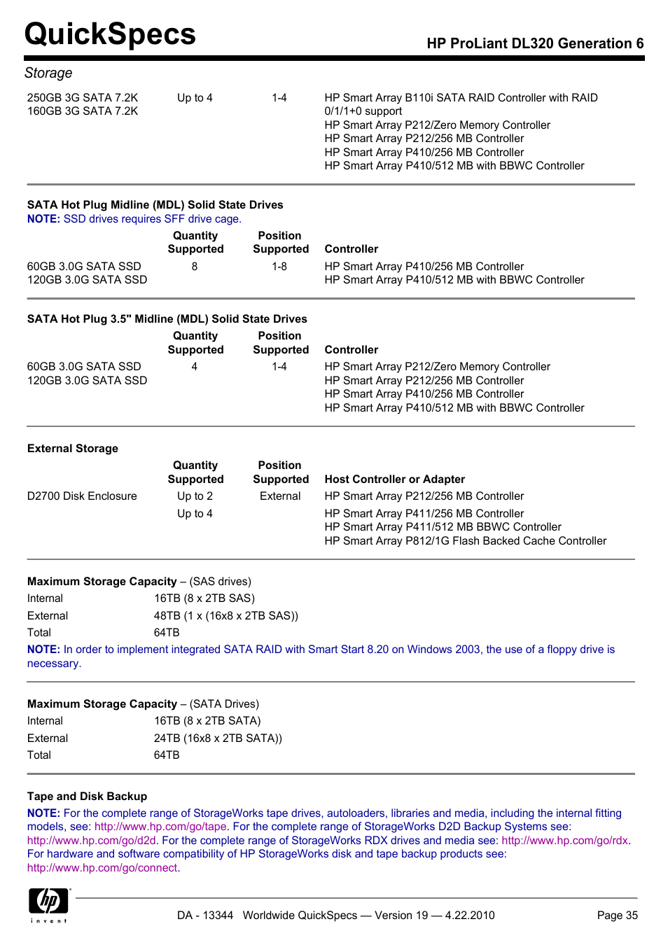 Quickspecs, Hp proliant dl320 generation 6 storage | HP ProLiant G6 Server DL320 User Manual | Page 35 / 43