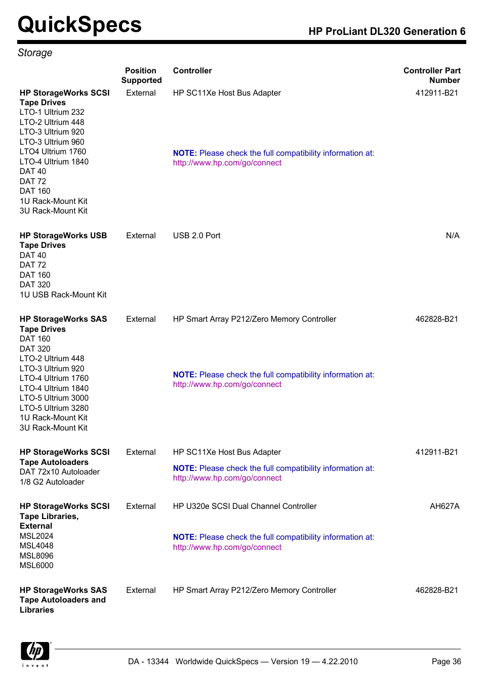 Quickspecs, Hp proliant dl320 generation 6 storage | HP ProLiant G6 Server DL320 User Manual | Page 36 / 43