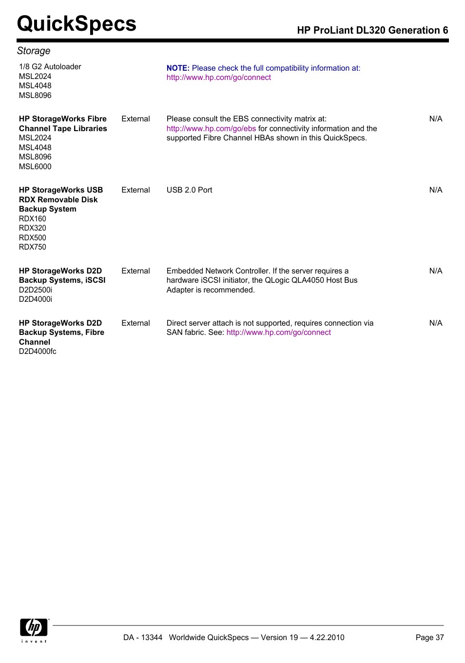 Quickspecs, Hp proliant dl320 generation 6 storage | HP ProLiant G6 Server DL320 User Manual | Page 37 / 43