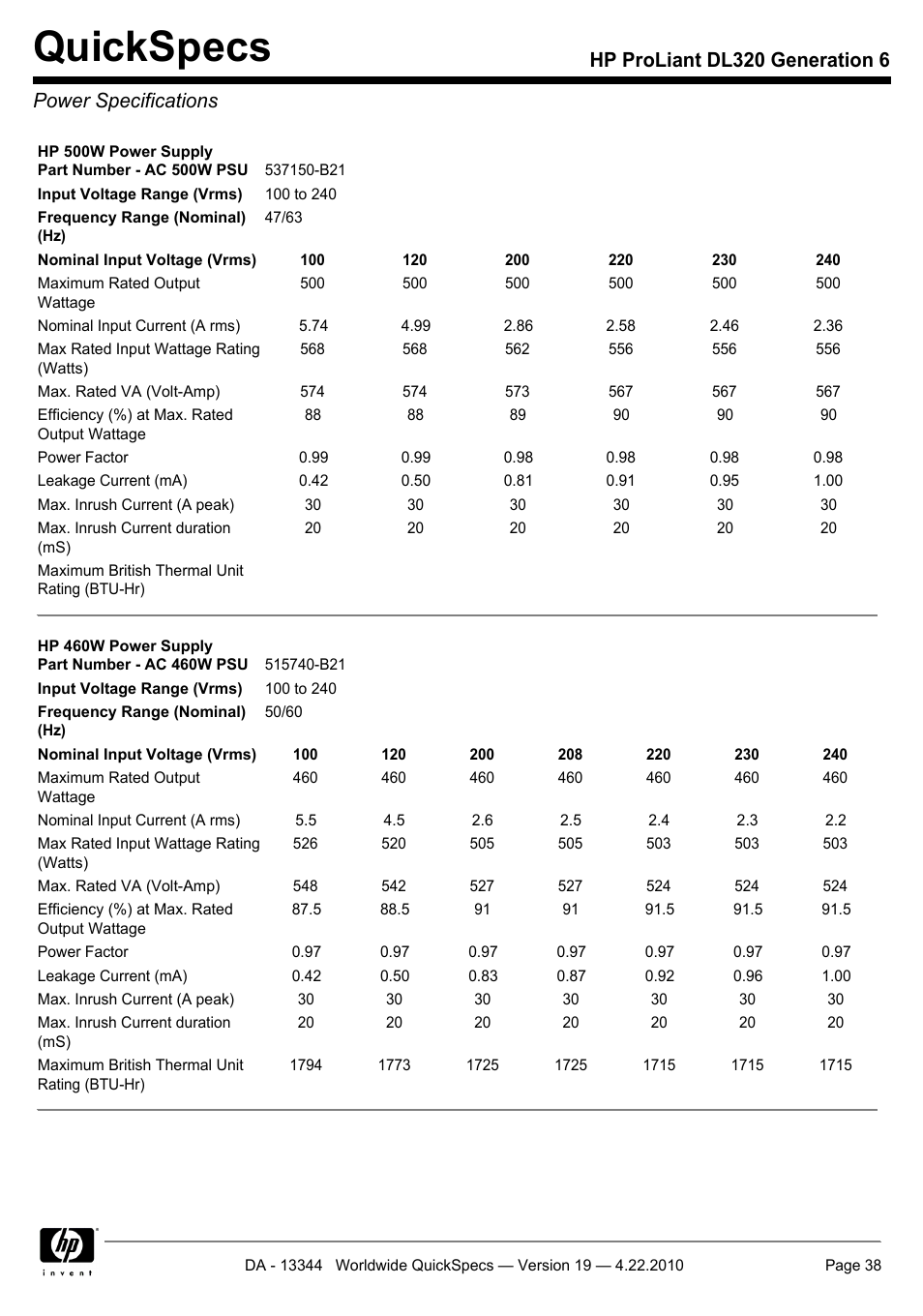 Power specifications, Quickspecs | HP ProLiant G6 Server DL320 User Manual | Page 38 / 43