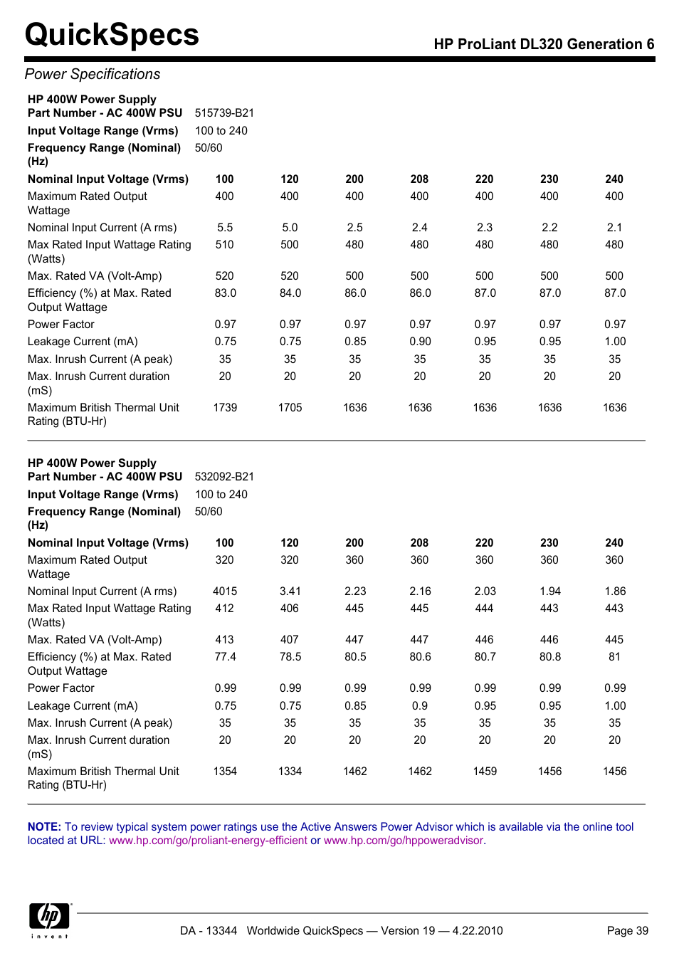 Quickspecs | HP ProLiant G6 Server DL320 User Manual | Page 39 / 43