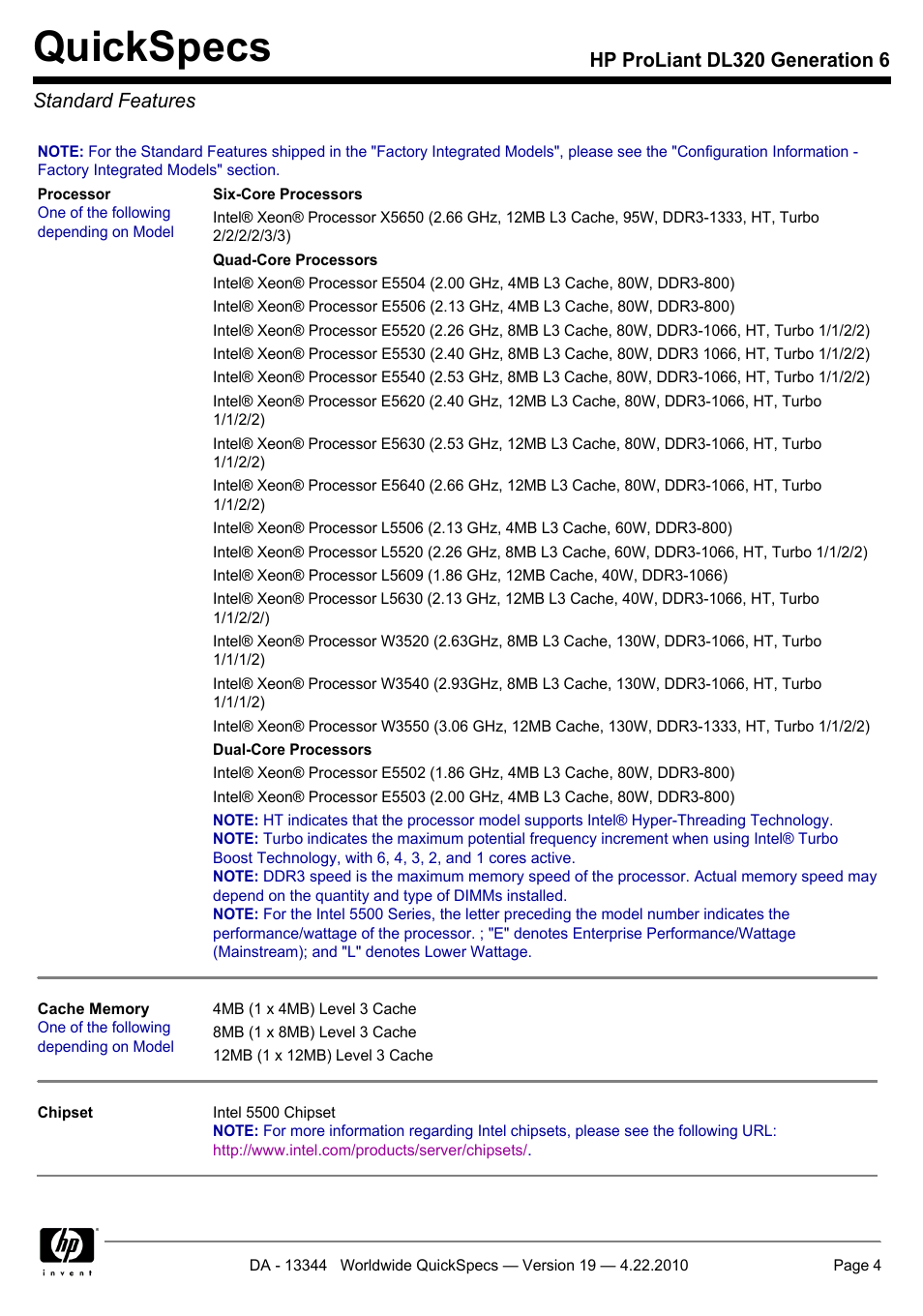 Standard features, Quickspecs, Hp proliant dl320 generation 6 standard features | HP ProLiant G6 Server DL320 User Manual | Page 4 / 43