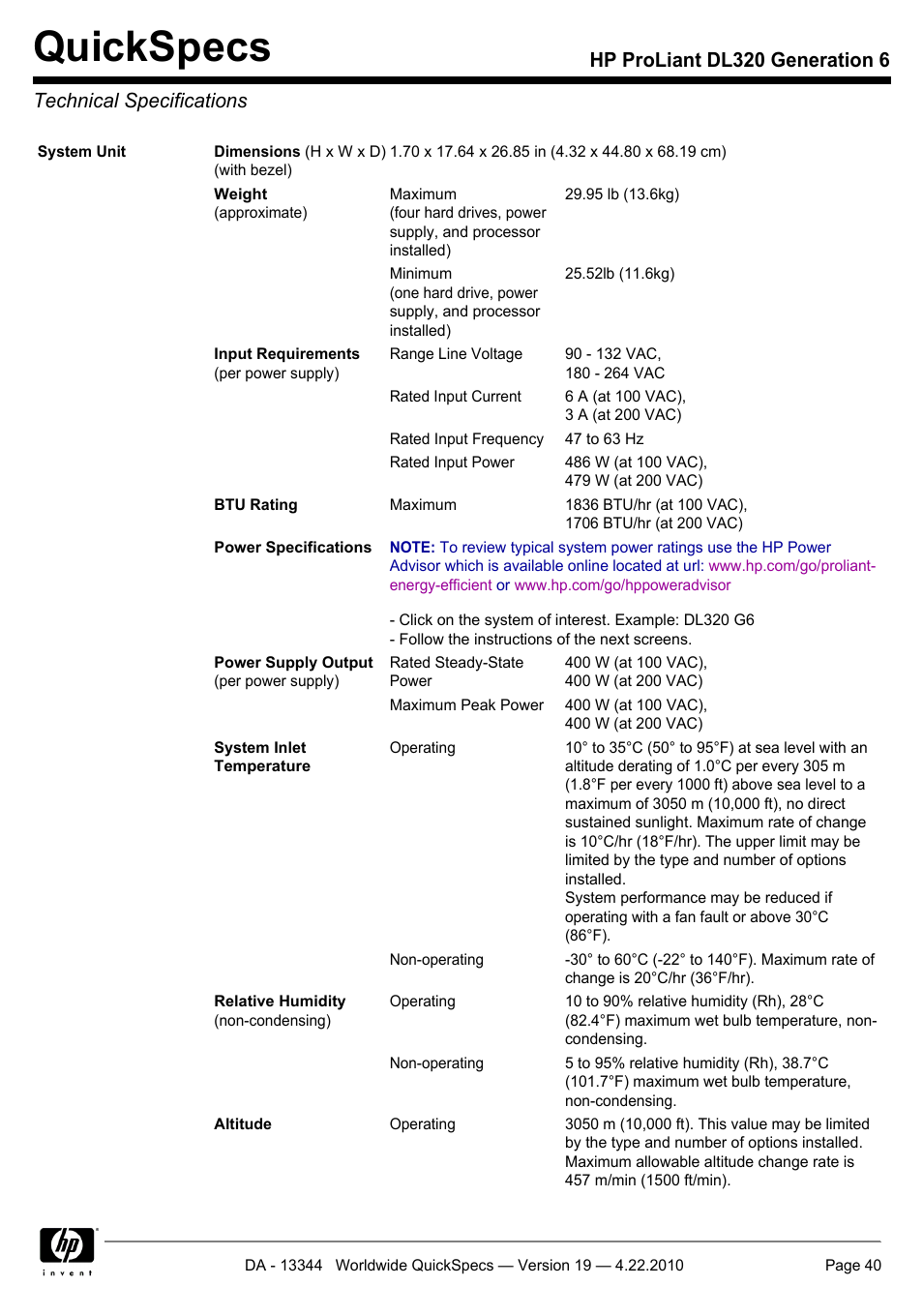 Technicalspecifications, Quickspecs | HP ProLiant G6 Server DL320 User Manual | Page 40 / 43
