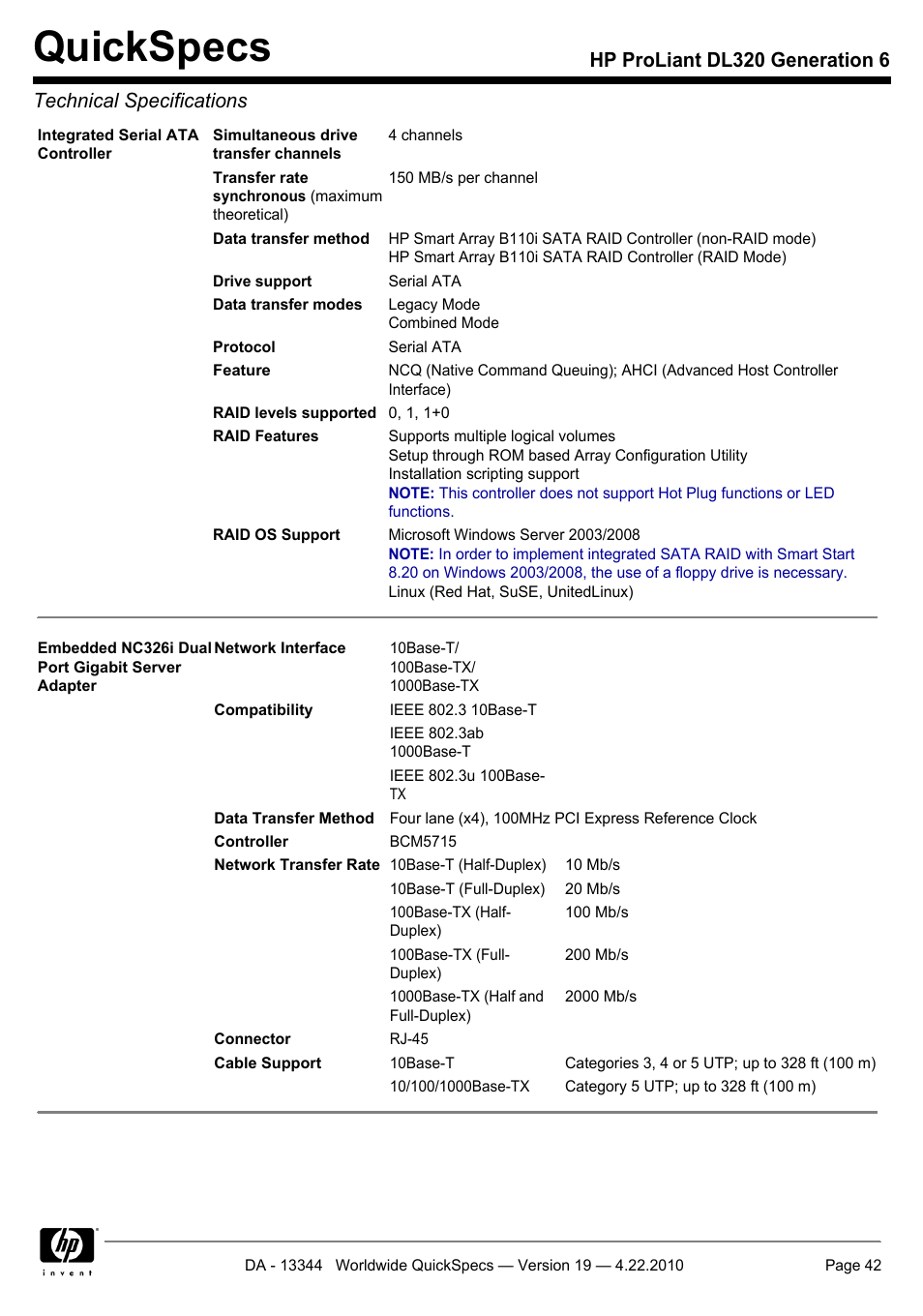Quickspecs | HP ProLiant G6 Server DL320 User Manual | Page 42 / 43