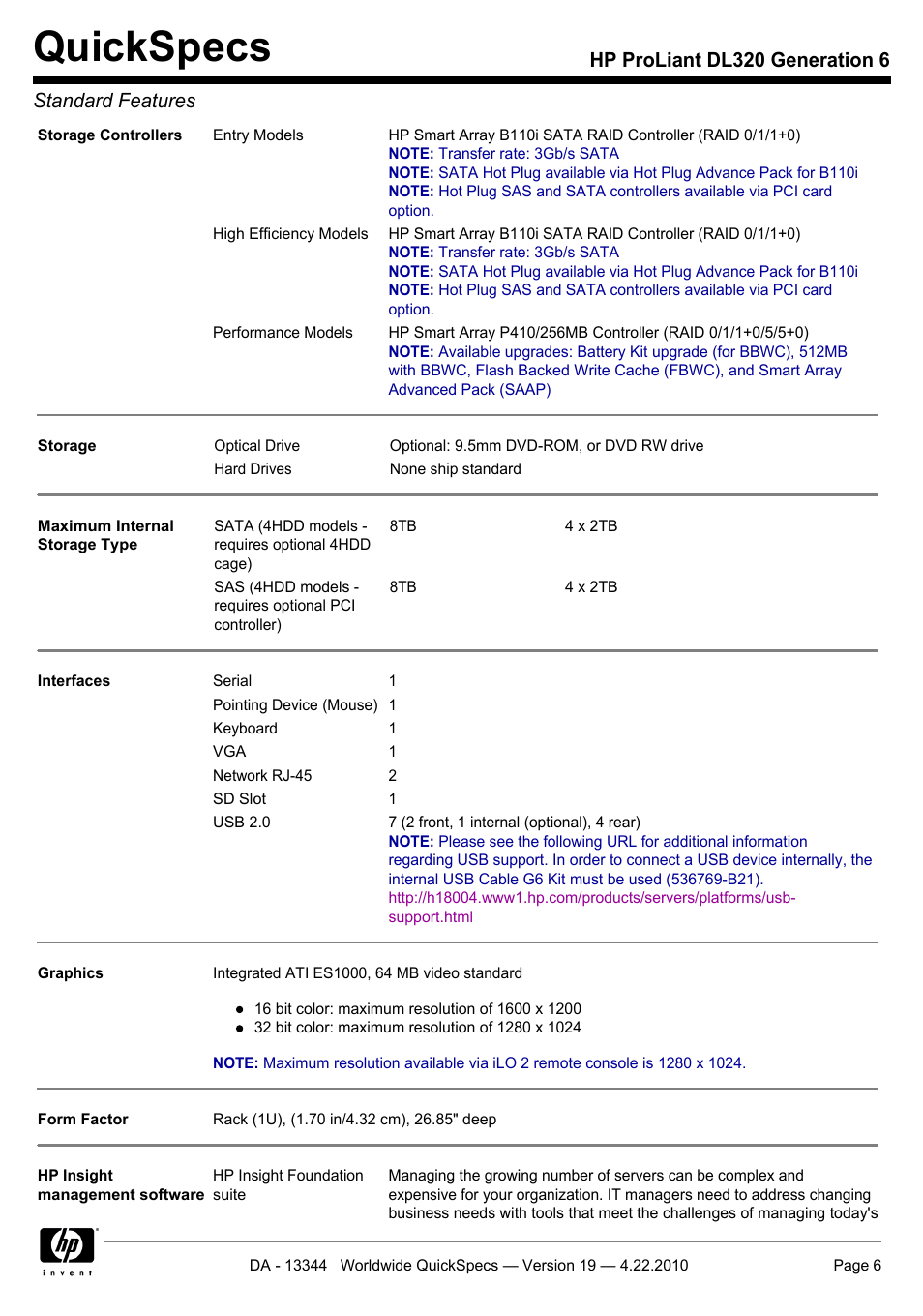 Quickspecs, Hp proliant dl320 generation 6 standard features | HP ProLiant G6 Server DL320 User Manual | Page 6 / 43