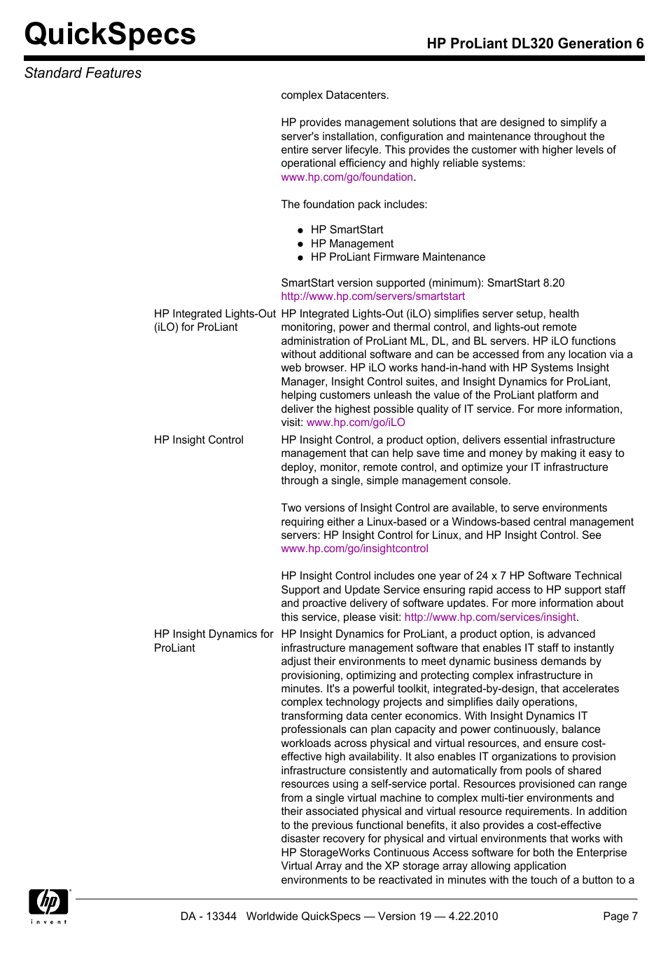Quickspecs, Hp proliant dl320 generation 6 standard features | HP ProLiant G6 Server DL320 User Manual | Page 7 / 43