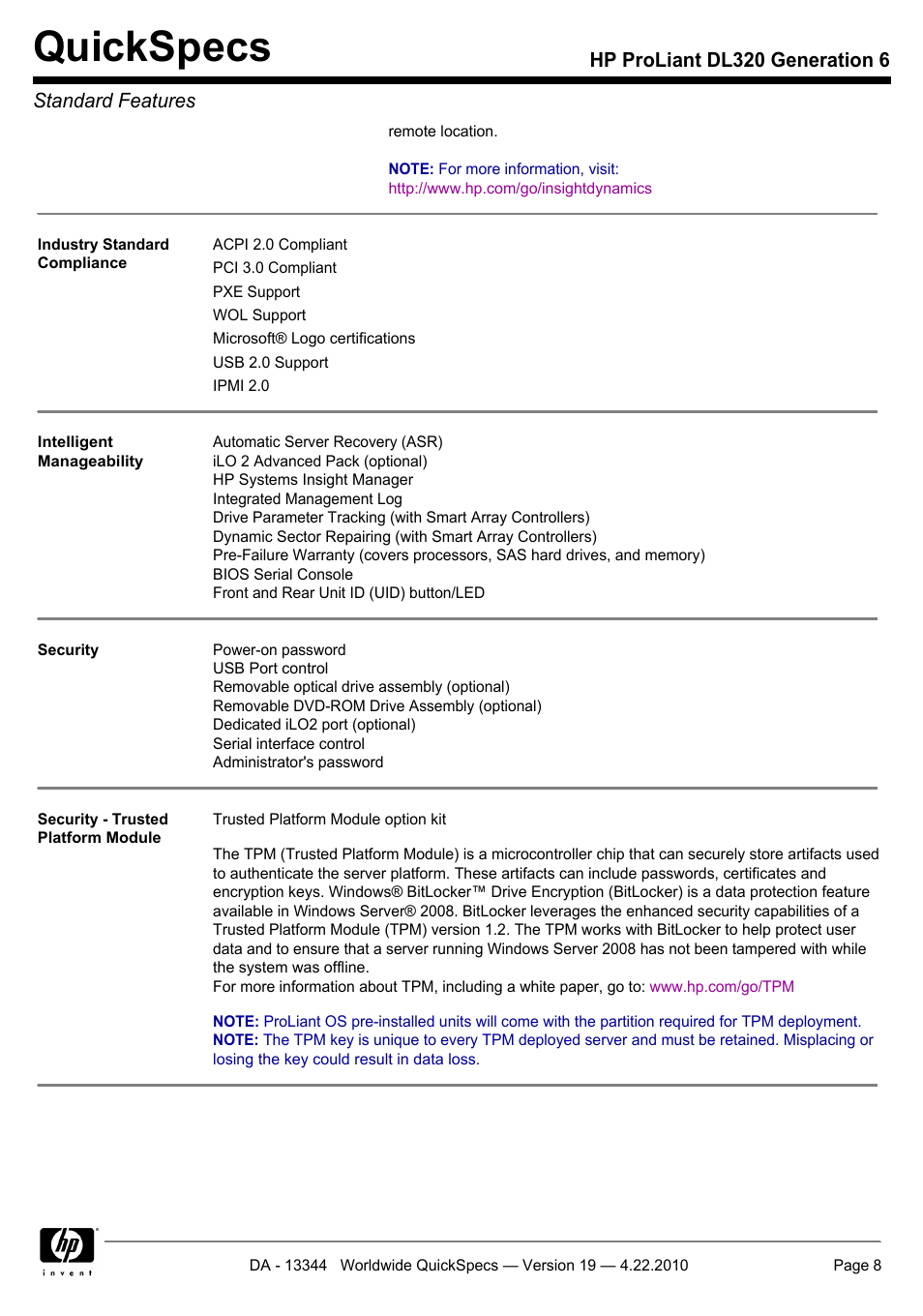 Quickspecs, Hp proliant dl320 generation 6 standard features | HP ProLiant G6 Server DL320 User Manual | Page 8 / 43