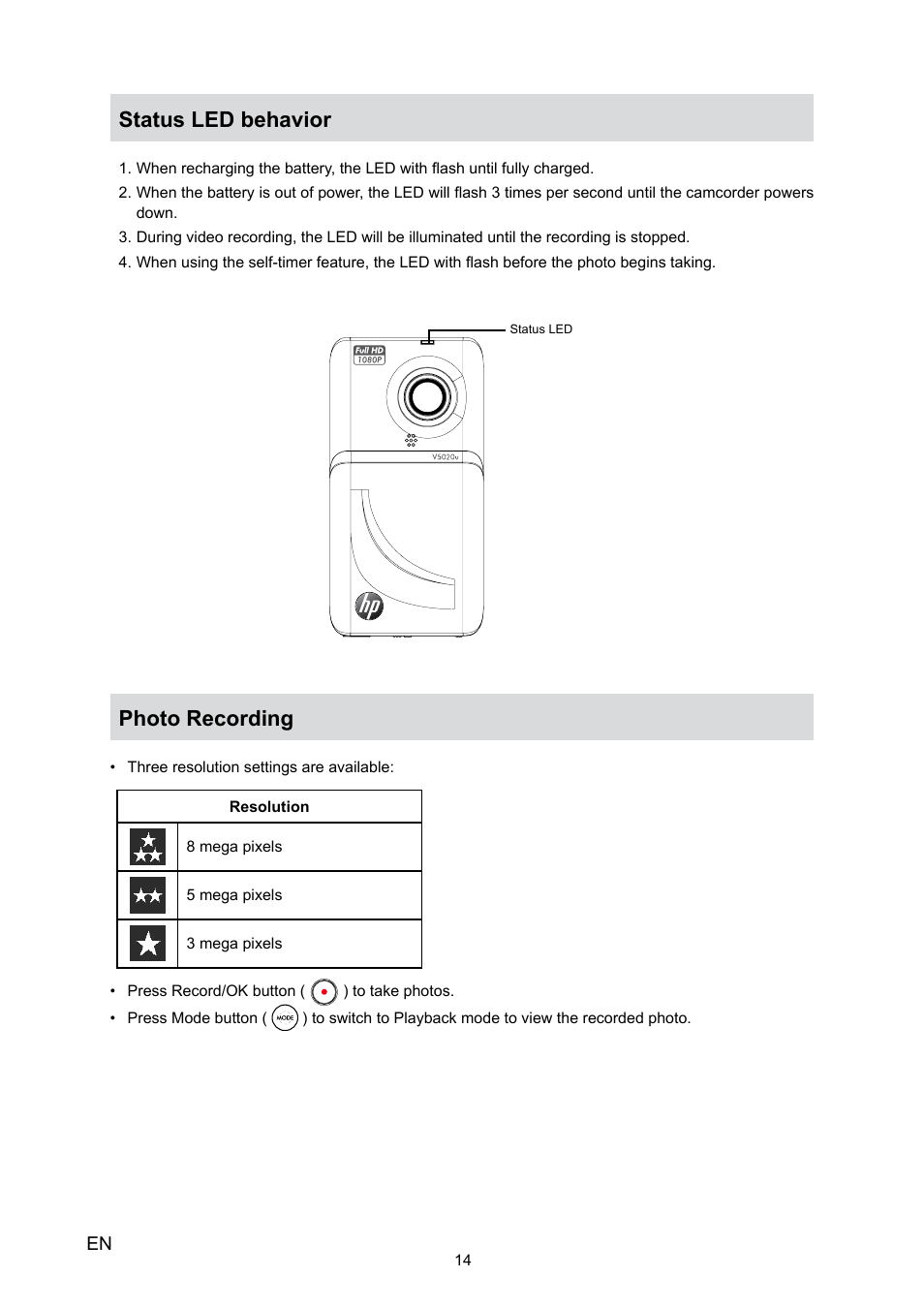 Status led behavior, Photo recording | HP V5020U User Manual | Page 14 / 49