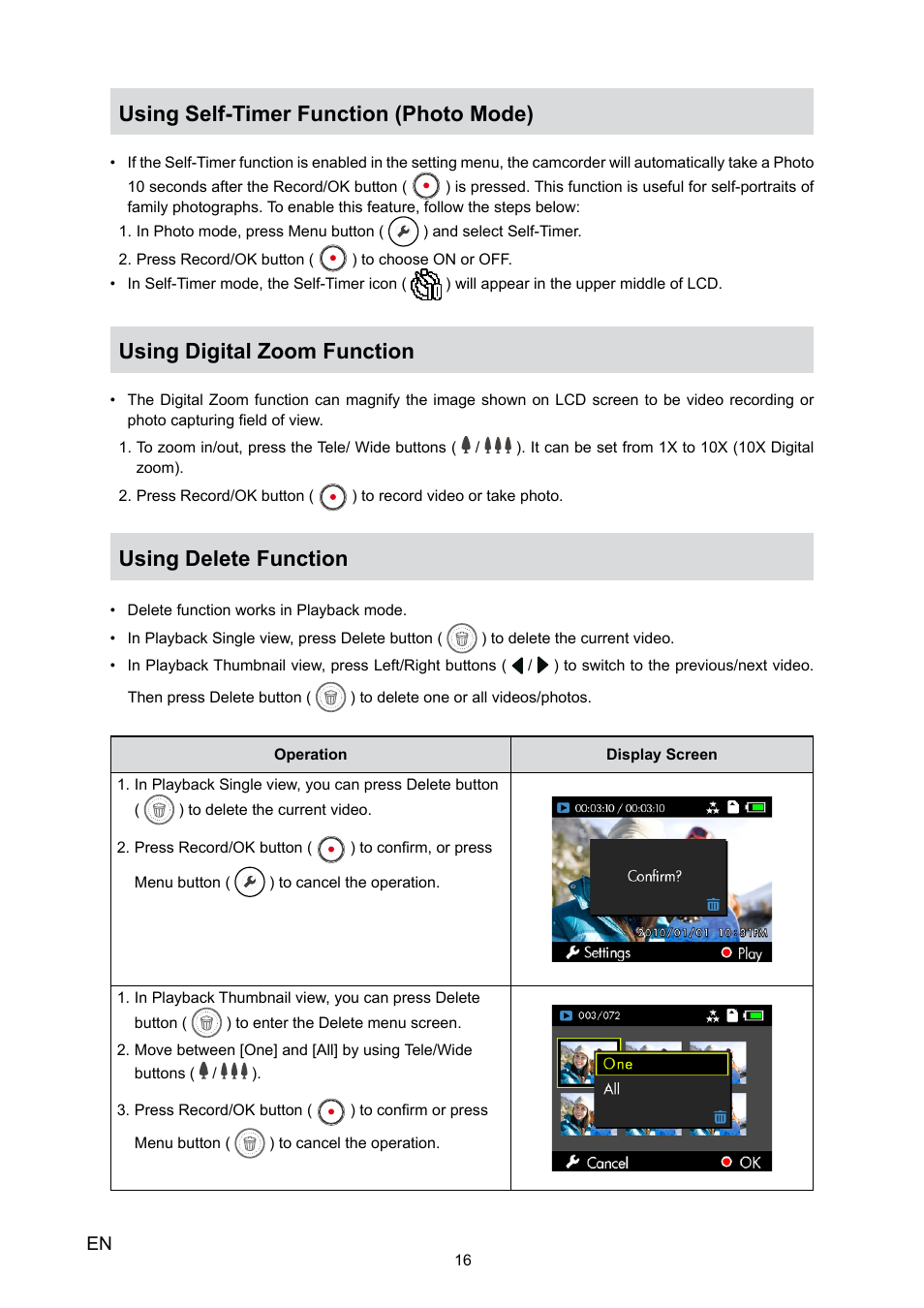 Using self-timer function (photo mode), Using digital zoom function, Using delete function | HP V5020U User Manual | Page 16 / 49