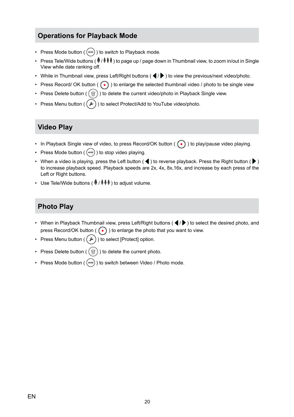 Operations for playback mode, Video play, Photo play | HP V5020U User Manual | Page 20 / 49