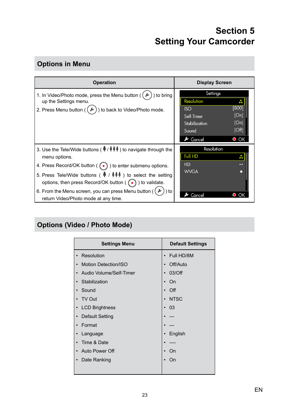 Section 5 setting your camcorder, Section 5, Setting your camcorder | Options in menu, Options (video / photo mode) | HP V5020U User Manual | Page 23 / 49