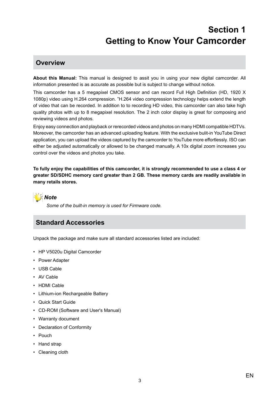 Section 1 getting to know your camcorder, Section 1, Getting to know | Your camcorder, Overview, Standard accessories | HP V5020U User Manual | Page 3 / 49