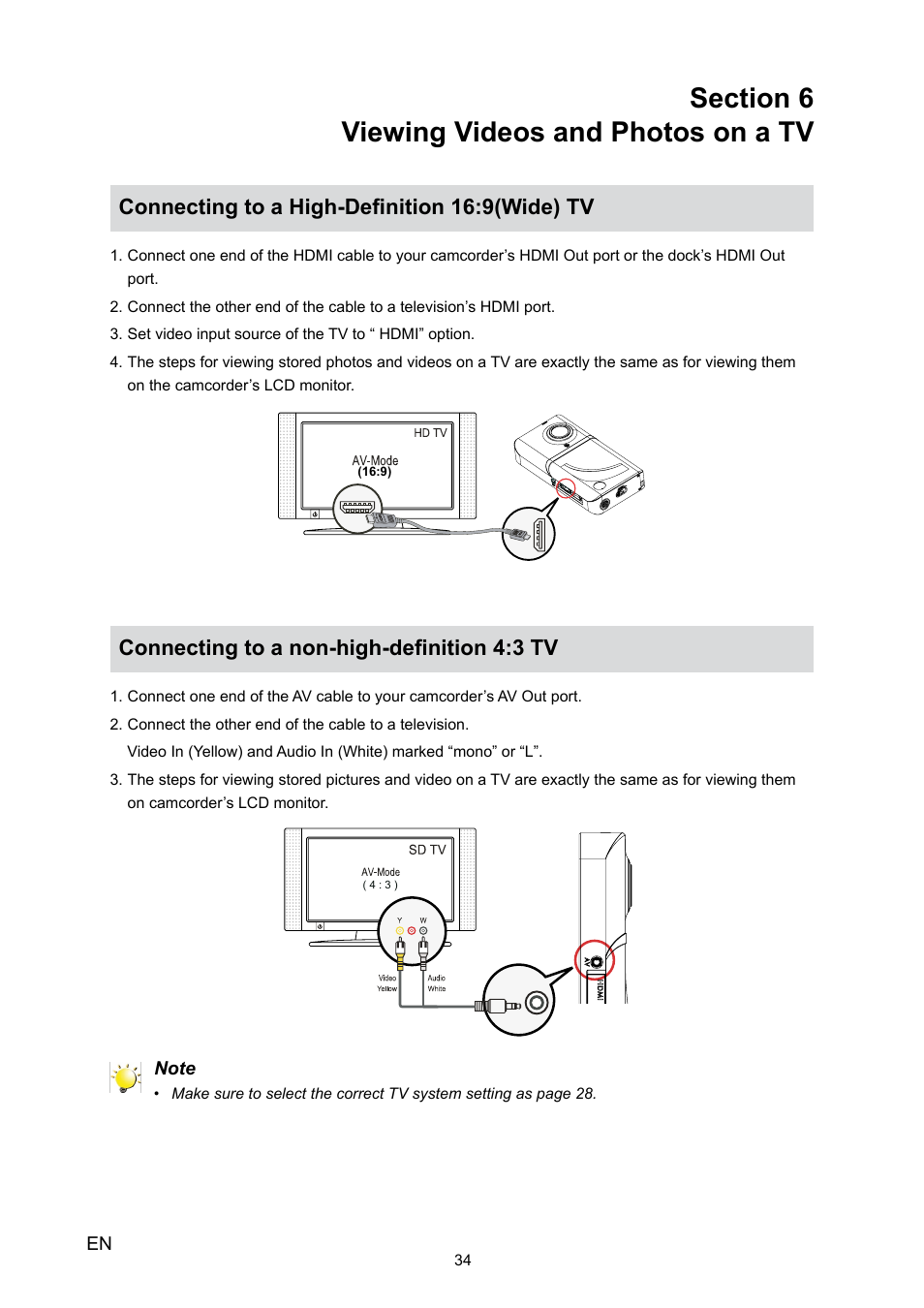 Section 6 viewing videos on a tv, Section 6, Viewing videos and photos on a tv | Connecting to a high-definition 16:9(wide) tv, Connecting to a non-high-definition 4:3 tv | HP V5020U User Manual | Page 34 / 49