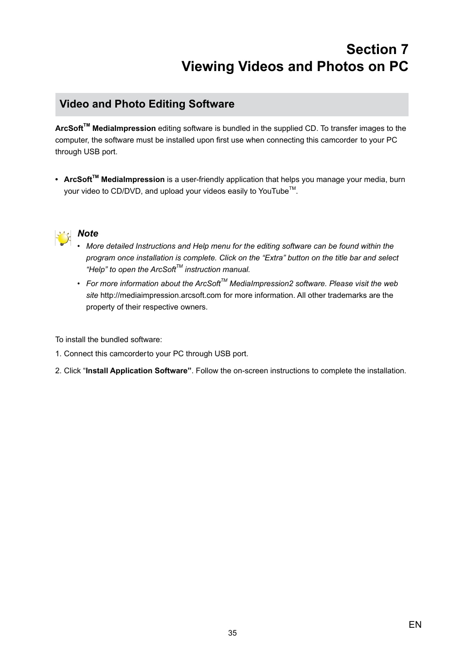 Section 7 viewing videos on pc, Section 7, Viewing videos and photos on pc | Video and photo editing software | HP V5020U User Manual | Page 35 / 49