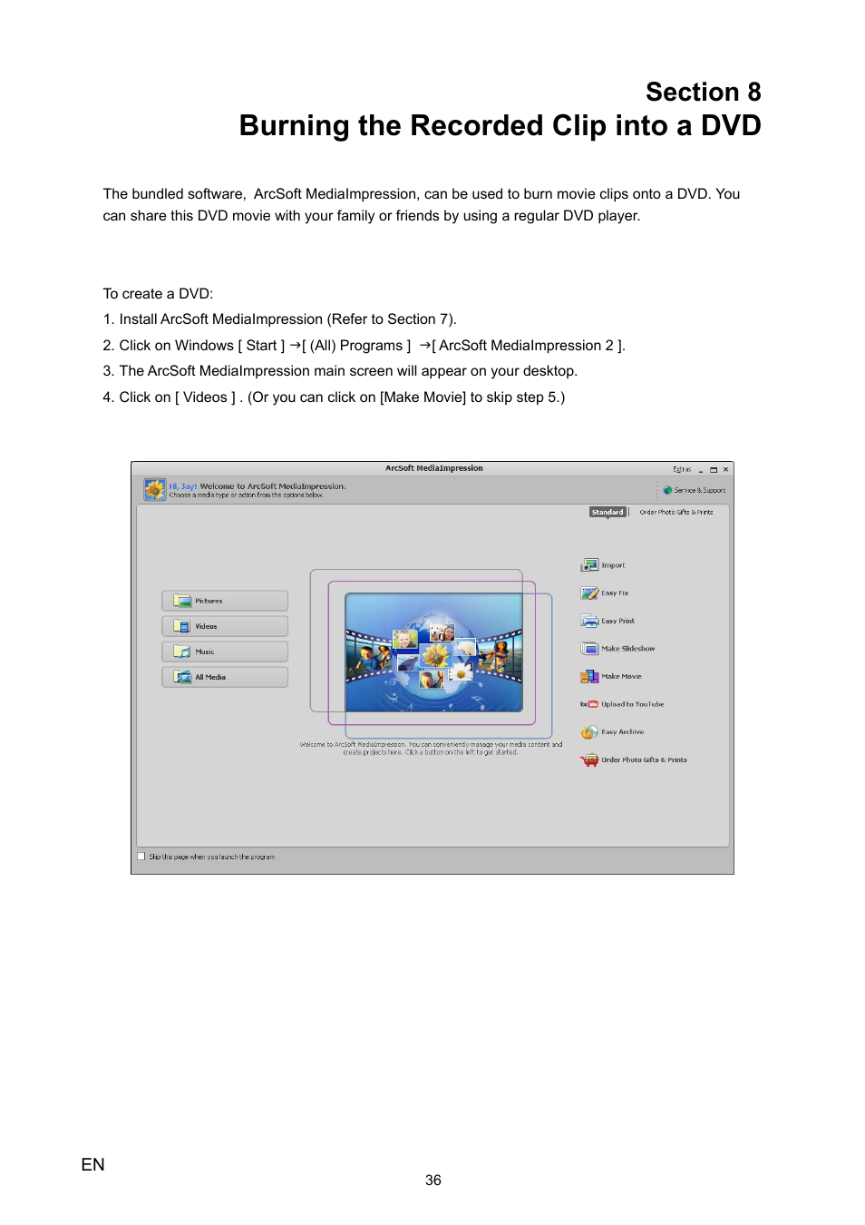 Section 8 burning the recorded clip into a dvd, Section 8, Burning the recorded clip into a dvd | HP V5020U User Manual | Page 36 / 49