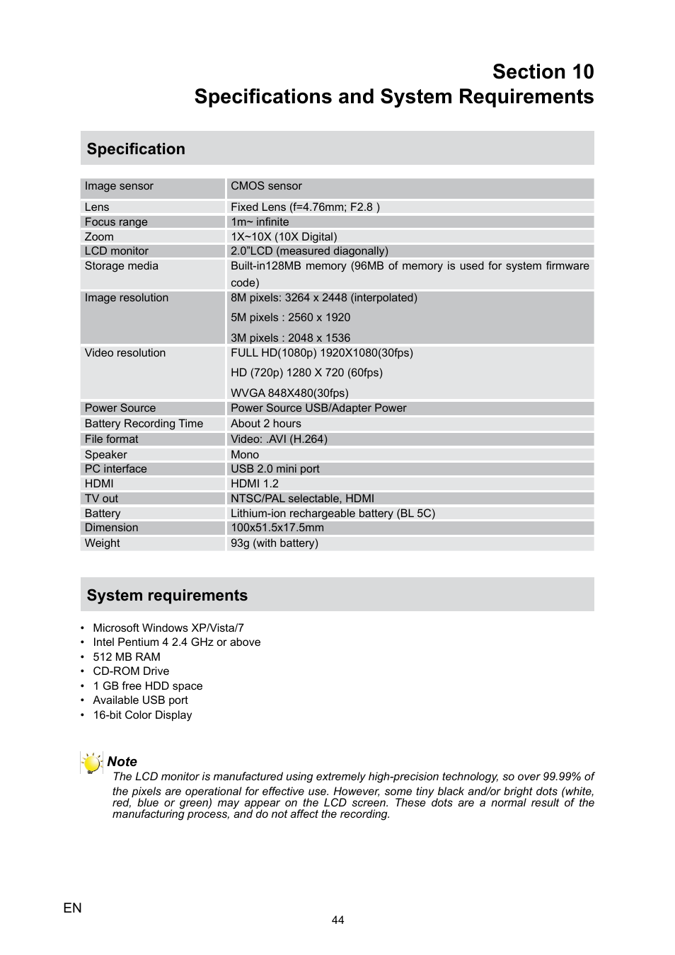 Section 10 specifications and system requirements, Section 10, Specifications and system requirements 44 | Specification, System requirements | HP V5020U User Manual | Page 44 / 49