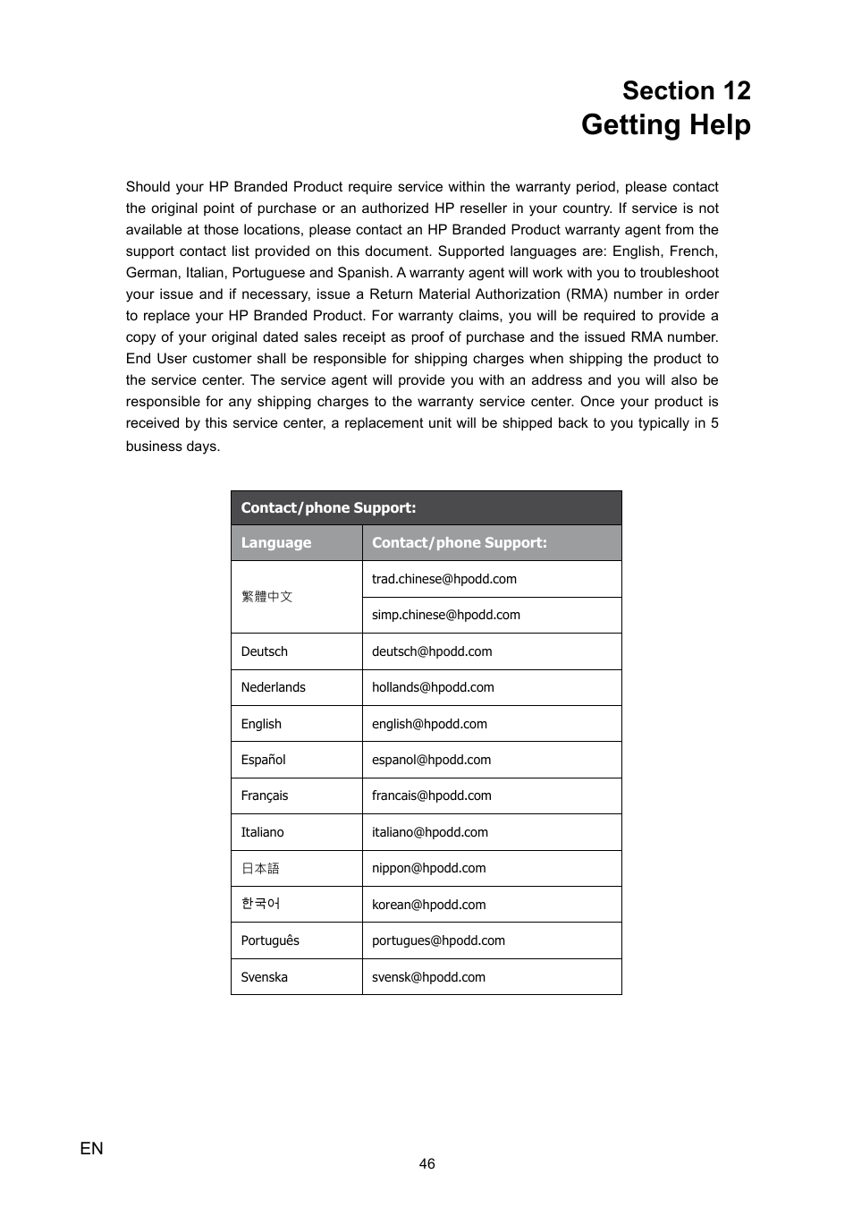 Section 12 getting help, Section 12, Getting help | HP V5020U User Manual | Page 46 / 49