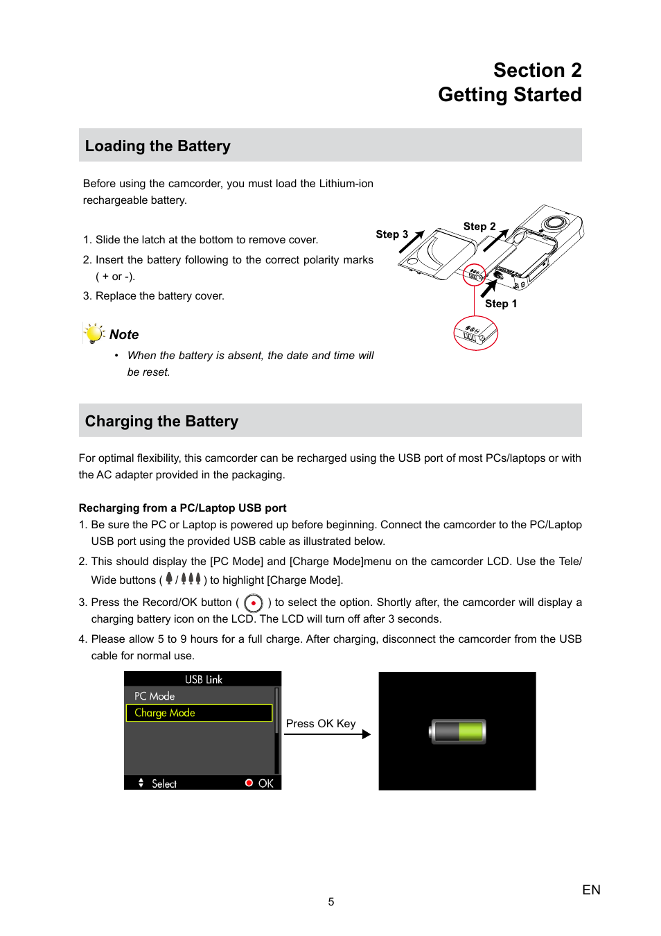 Section 2 getting started, Section 2, Getting started | Loading the battery, Charging the battery | HP V5020U User Manual | Page 5 / 49