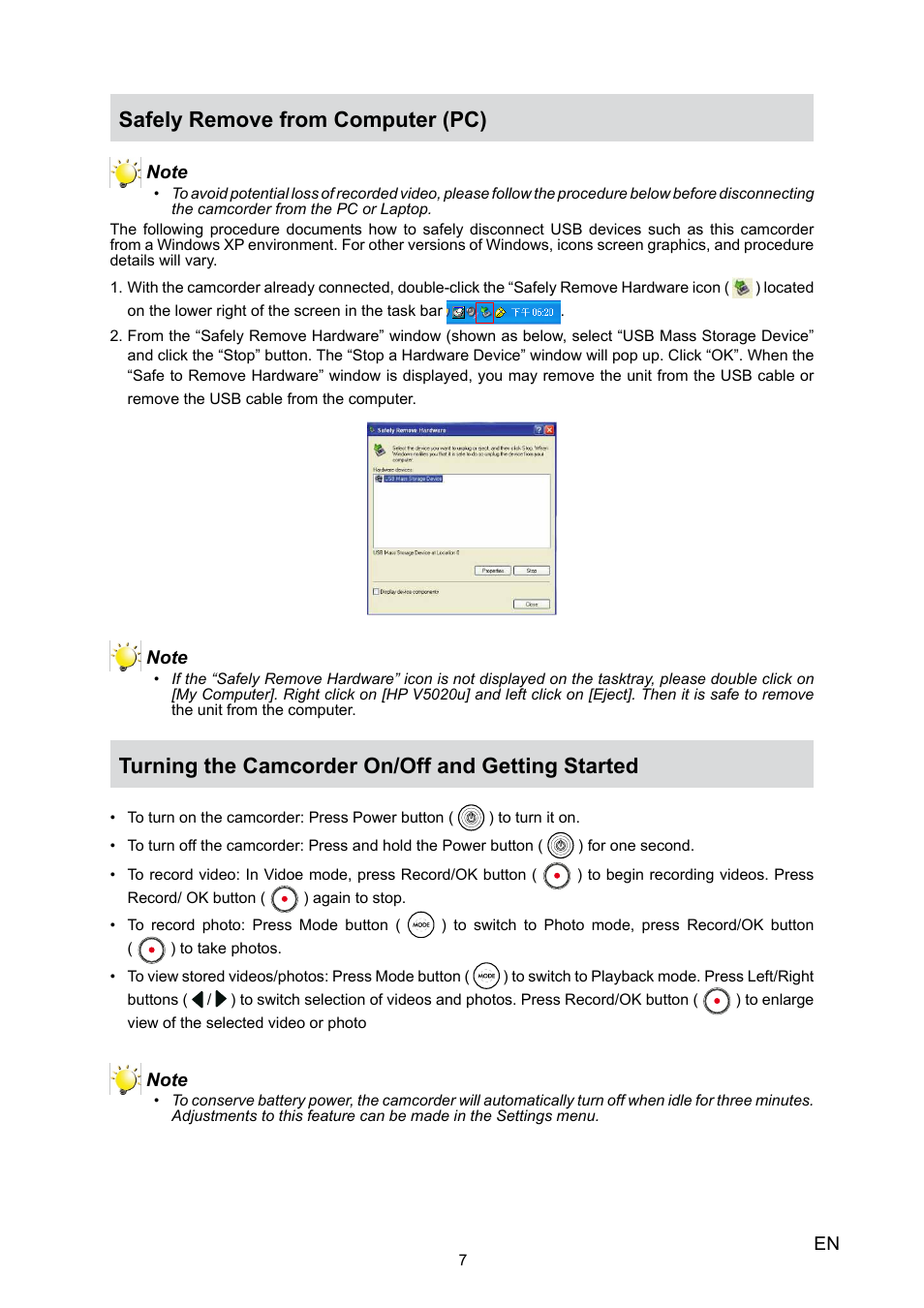 Safely remove from computer (pc), Turning the camcorder on/off and getting started | HP V5020U User Manual | Page 7 / 49