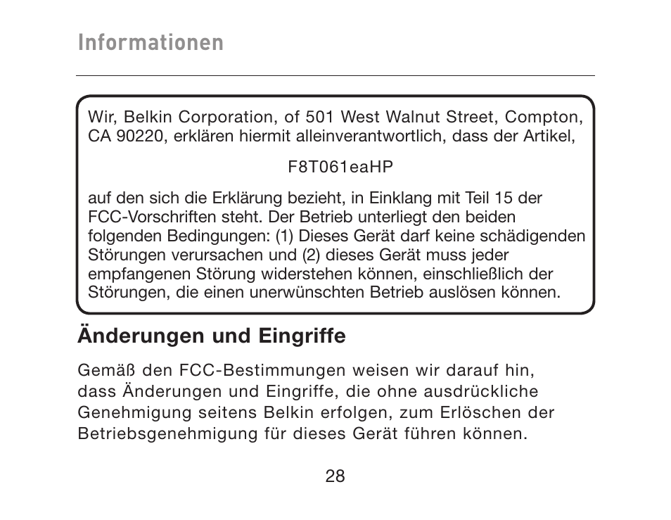 Informationen, Änderungen und eingriffe | HP iPAQ Bluetooth Hands-Free Headset F8T061eaHP User Manual | Page 100 / 208