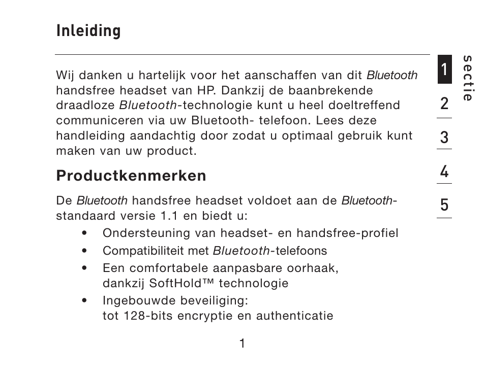 Inleiding | HP iPAQ Bluetooth Hands-Free Headset F8T061eaHP User Manual | Page 107 / 208